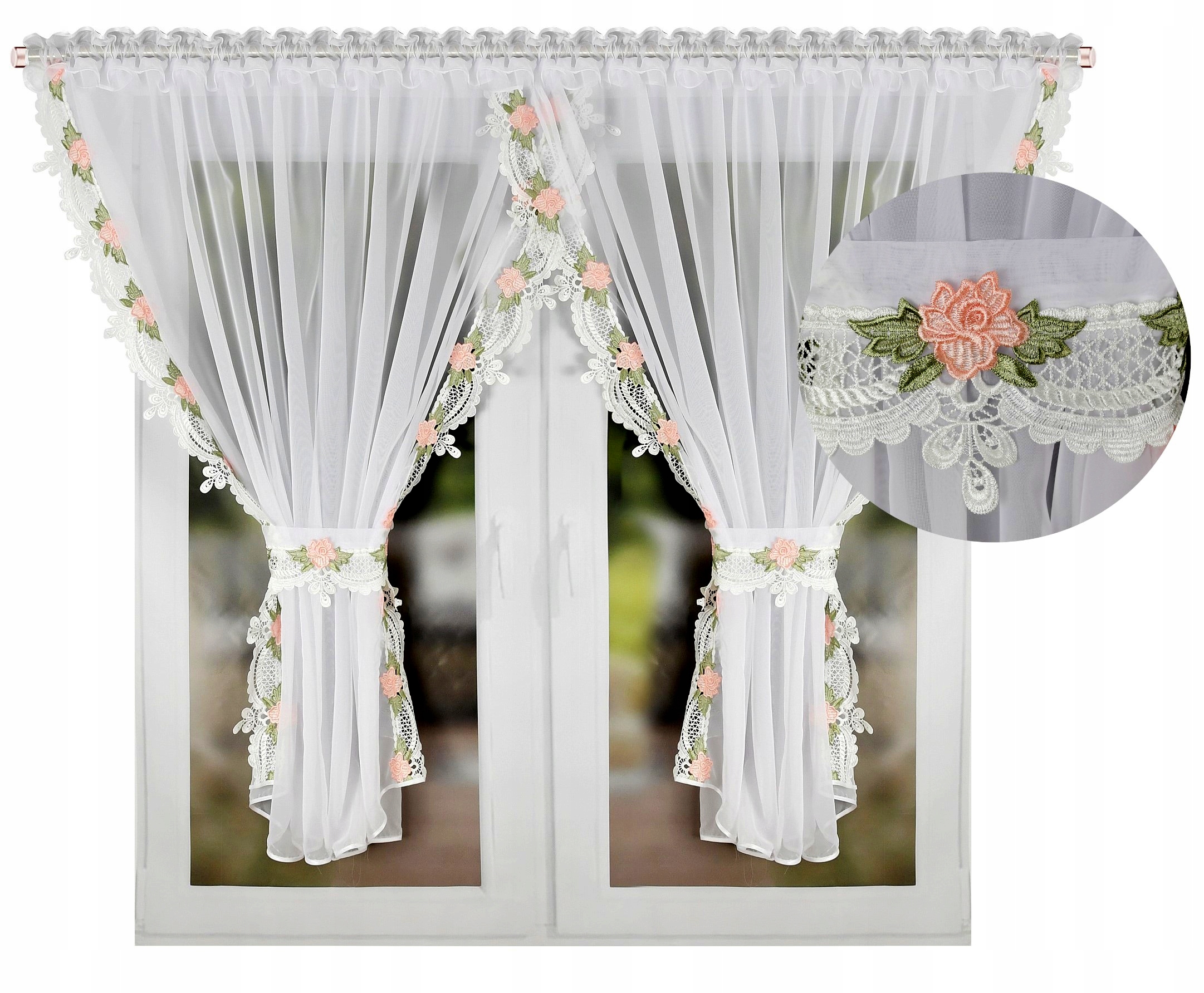 Firana Gotowa Z Gipiurą W Kwiaty Firanka Biała Na Taśmie Woal 400x155 cm