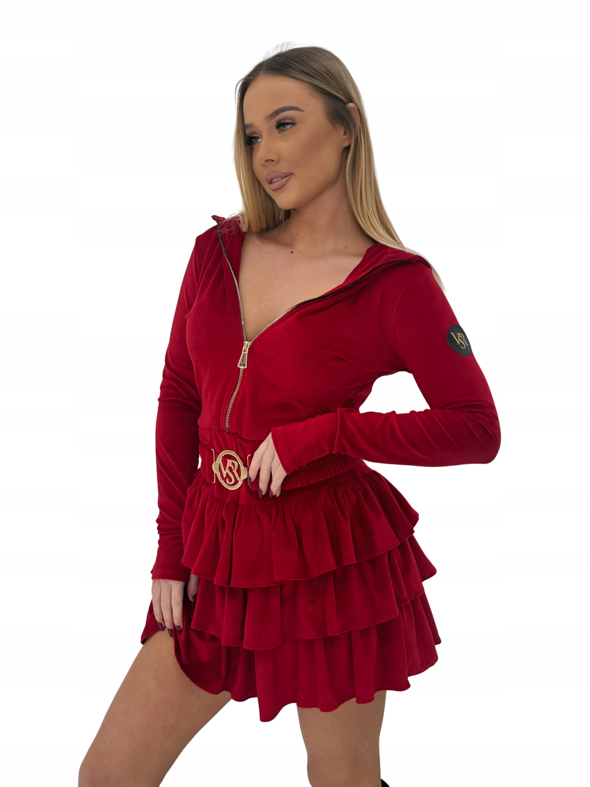 Kombinéza/šaty velurová červená s volánky a kapucí Vasari „Luna“