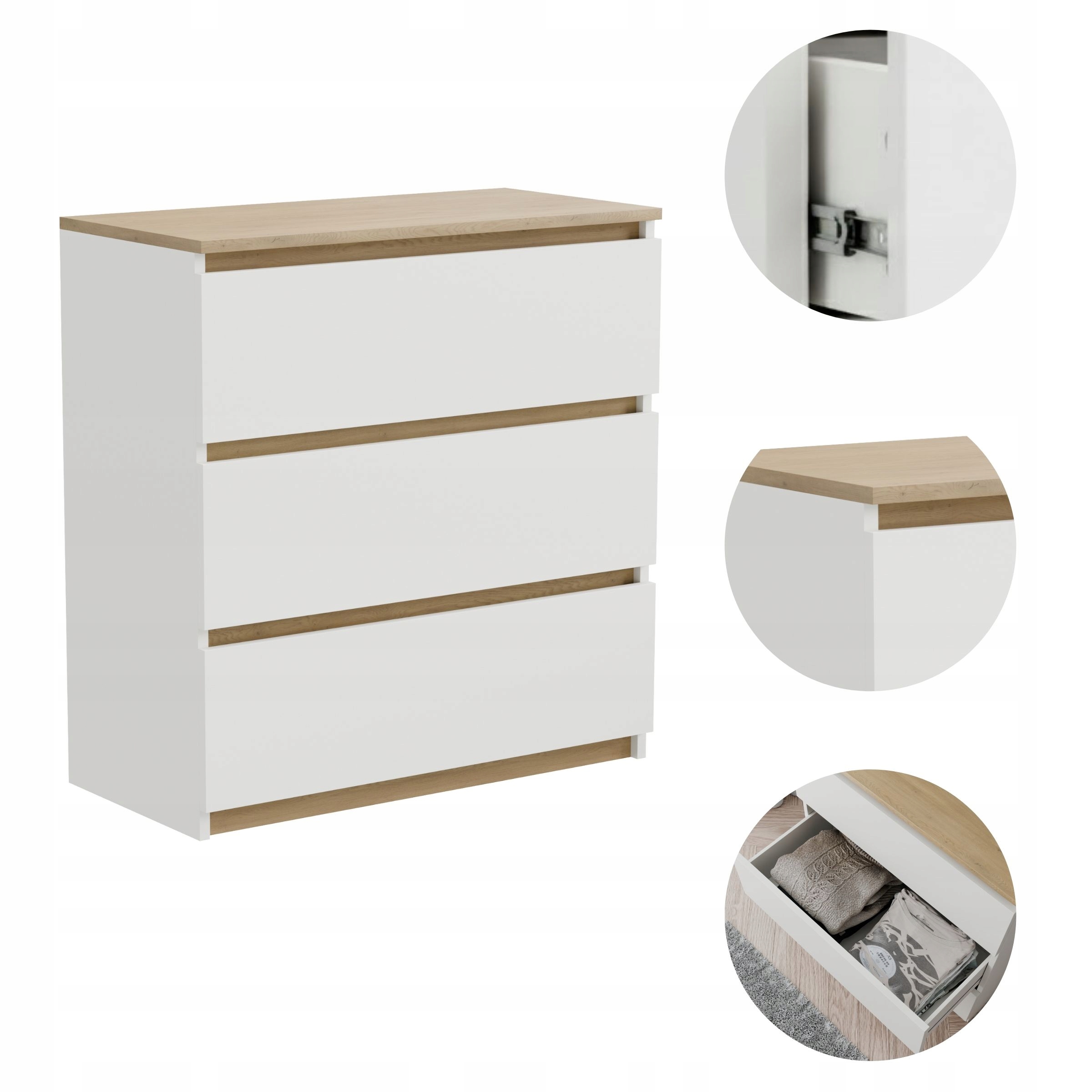Komoda Skříňka Bílá 60 cm 3 Zásuvky do obývacího pokoje ložnice nastavitelná Snadná Montáž