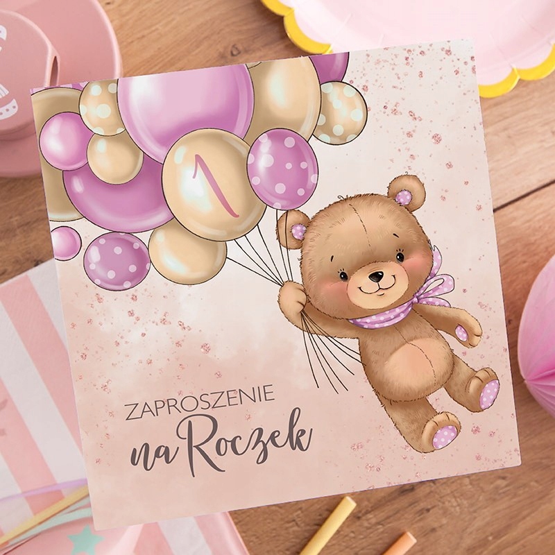 ZAPROSZENIA na Roczek dziewczynki 10szt +koperty Wysokość produktu 15 cm