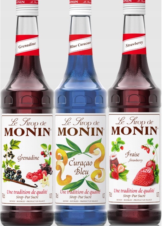Zestaw letni do lemoniad i drinków Monin Grenadina, Blue, Truskawka