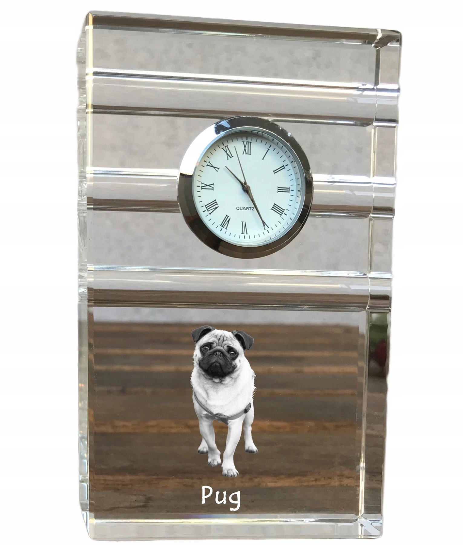 Mops, Pug krištáľové stolové hodinky so psom, s vašou fotografiou, suvenír