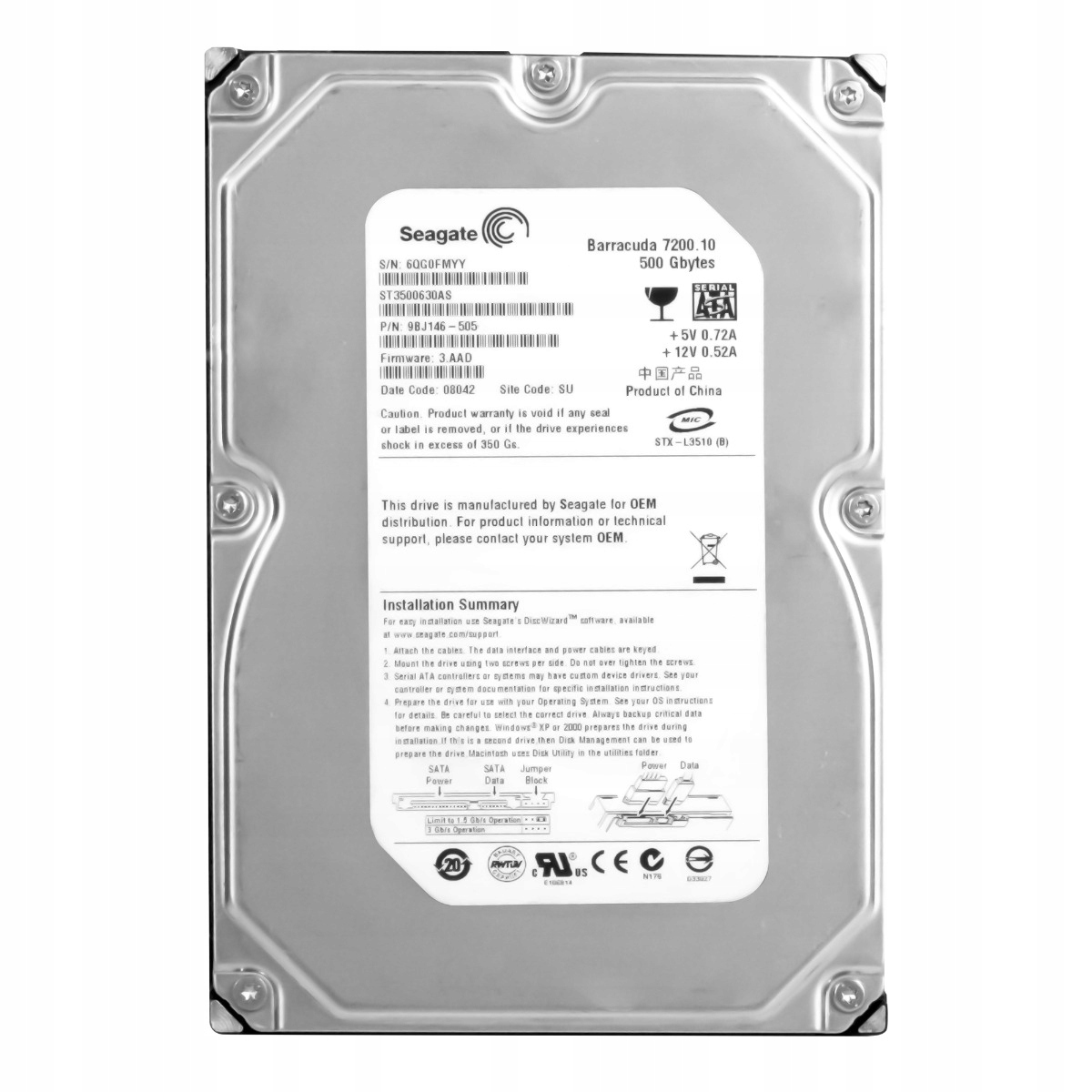 Seagate Barracuda 7200.10 500GB 7.2K Sata II 3.5'' ST3500630AS