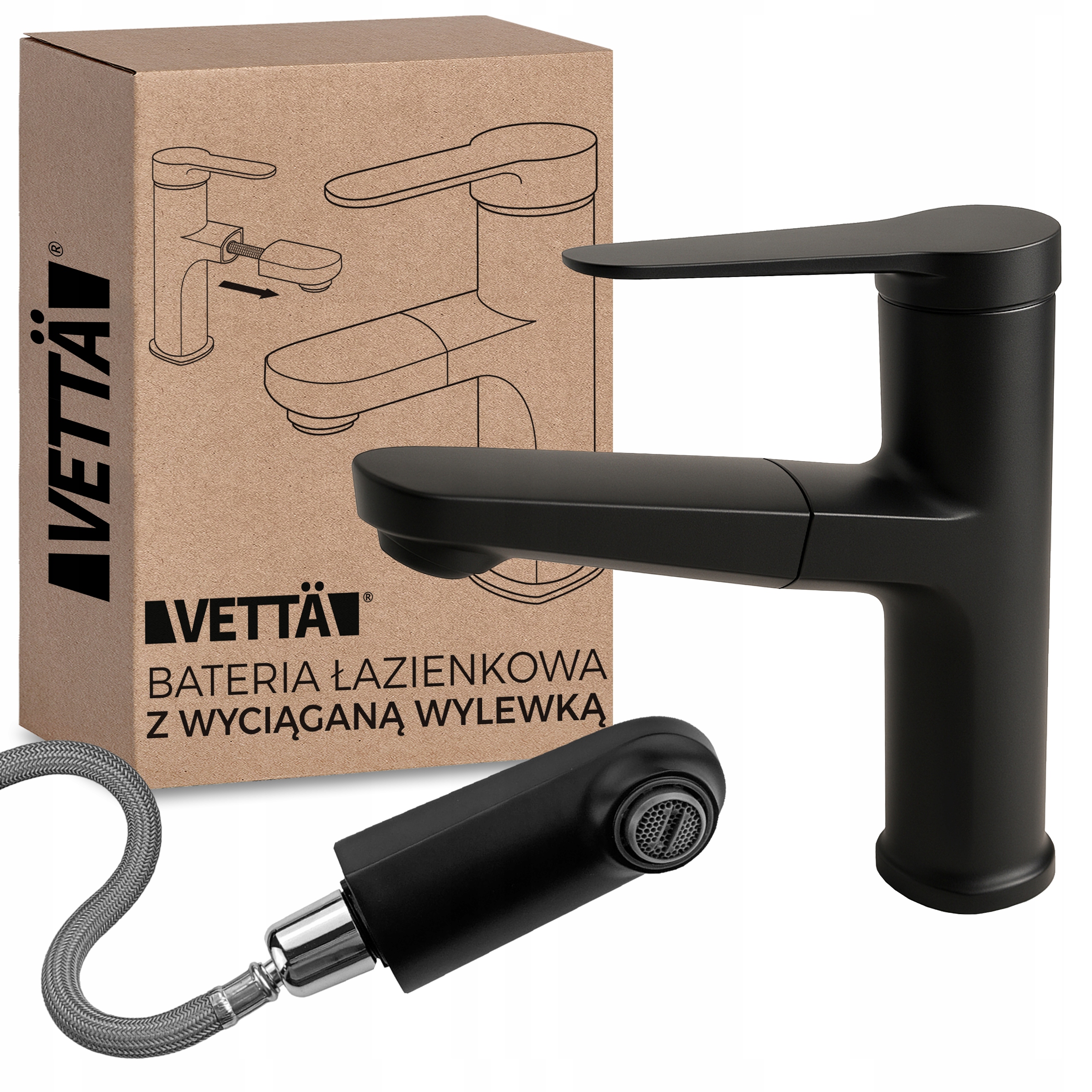 Bateria stojąca Vettä umywalkowa Wyciągana kran do umywalki zlewu czarna