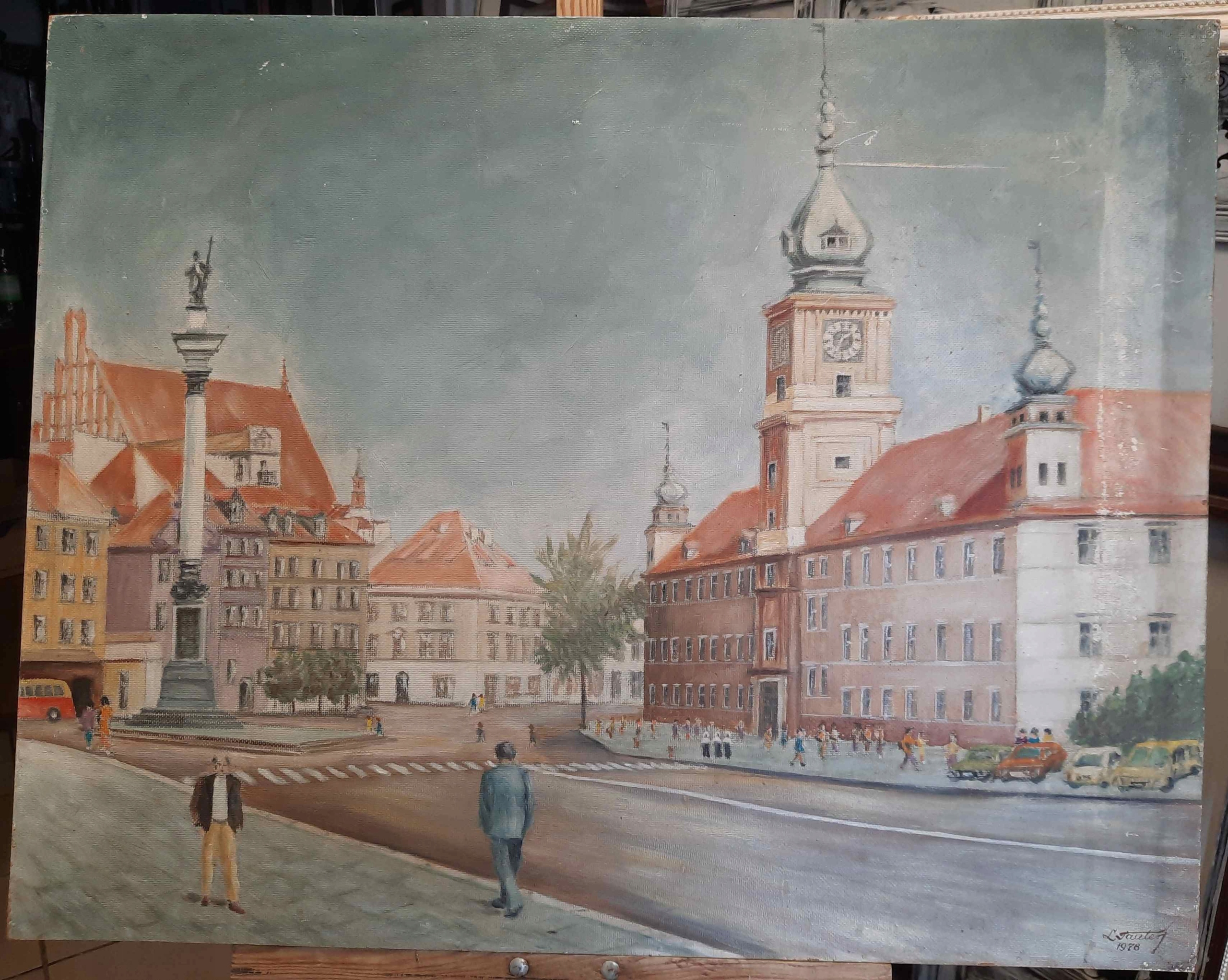 WARSZAWA PLAC ZAMKOWY 1976 OBRAZ OLEJNY PRL ZAMEK KRÓLEWSKI