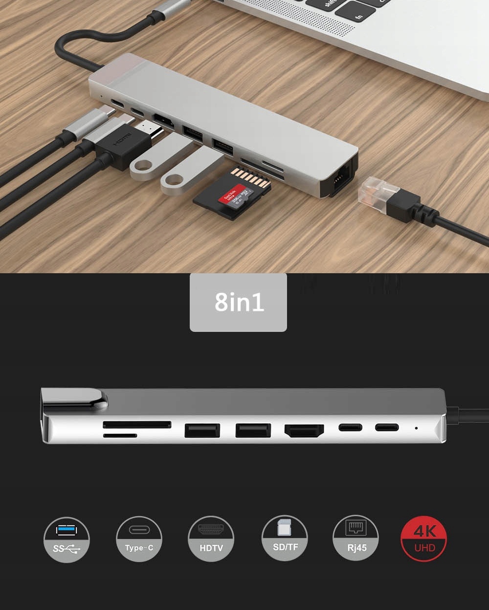 USB HUB typC 3.1 Thunderbolt 3 HDMI 4K RJ45 SD TF Kod producenta ZDC28