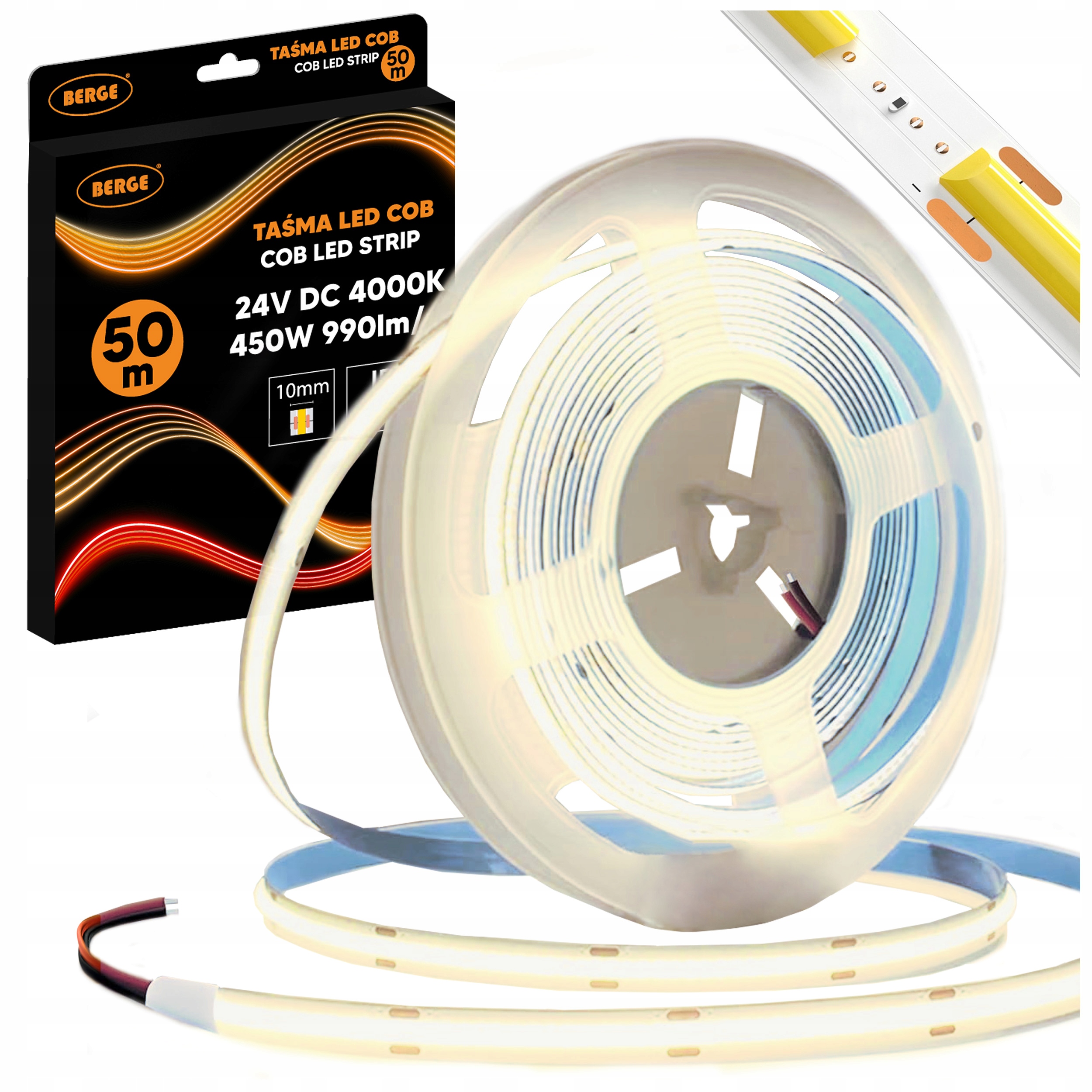Taśma Led Cob Neon 24V 50m Duża Rolka 480 diod 9W 990lm 4000K Neutralna 8mm