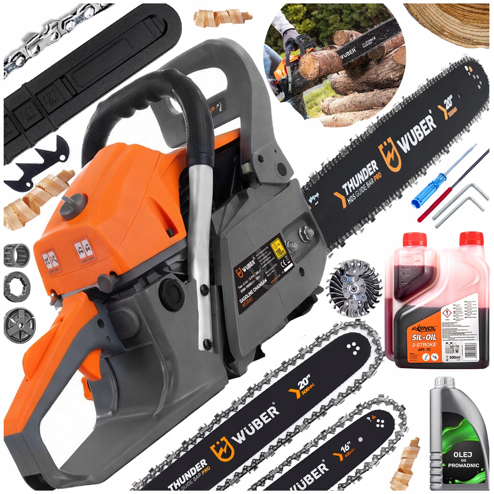 Piła Spalinowa Pilarka Do Drewna Łańcuchowa 5,7KM +2 Prowad +olej +2x Łańc.