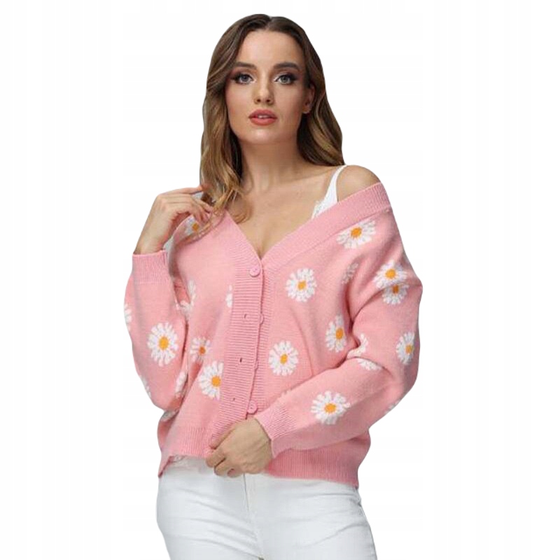 SWETER DAMSKI RÓŻOWY W KWIATY PASTELOWY Z GUZIKAMI