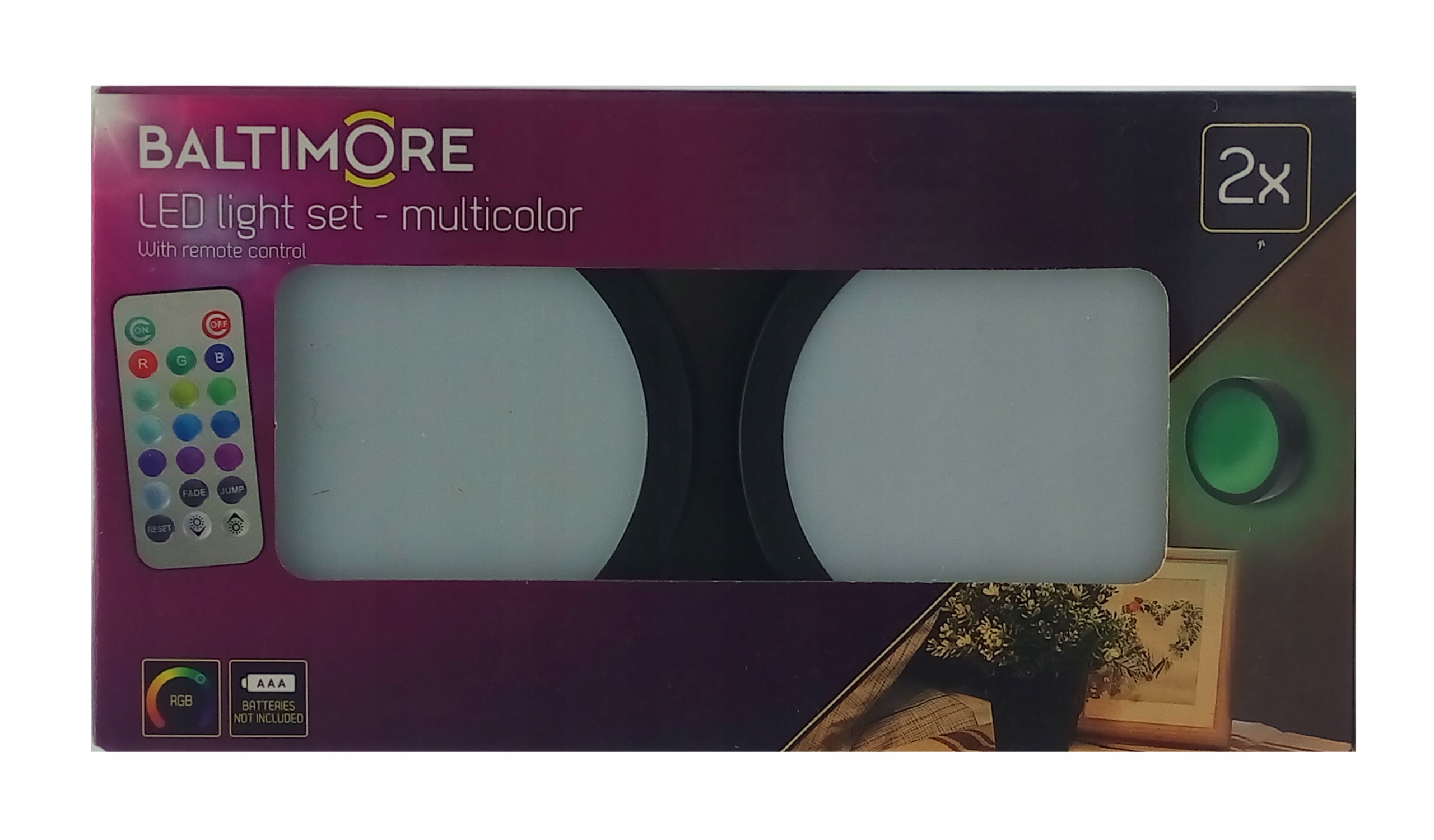 LAMPY BEZPRZEWODOWE WIELOKOLOROWE LED Z PILOTEM NA BATERIE BALTIMORE 2SZT C