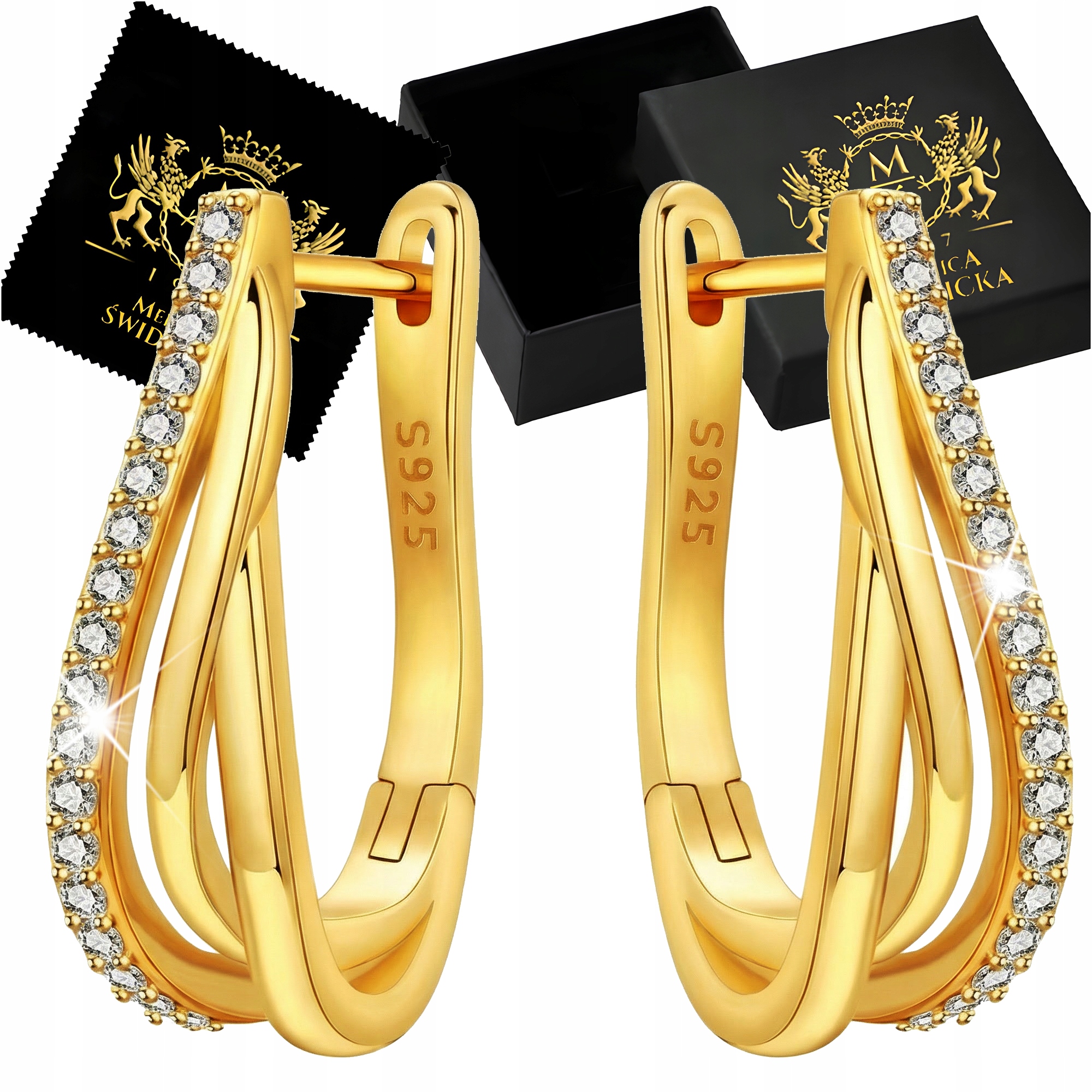 Srebrne Kolczyki 925 Pozłacane Cyrkonie Wiszące Zapięcie Angielskie Grawer