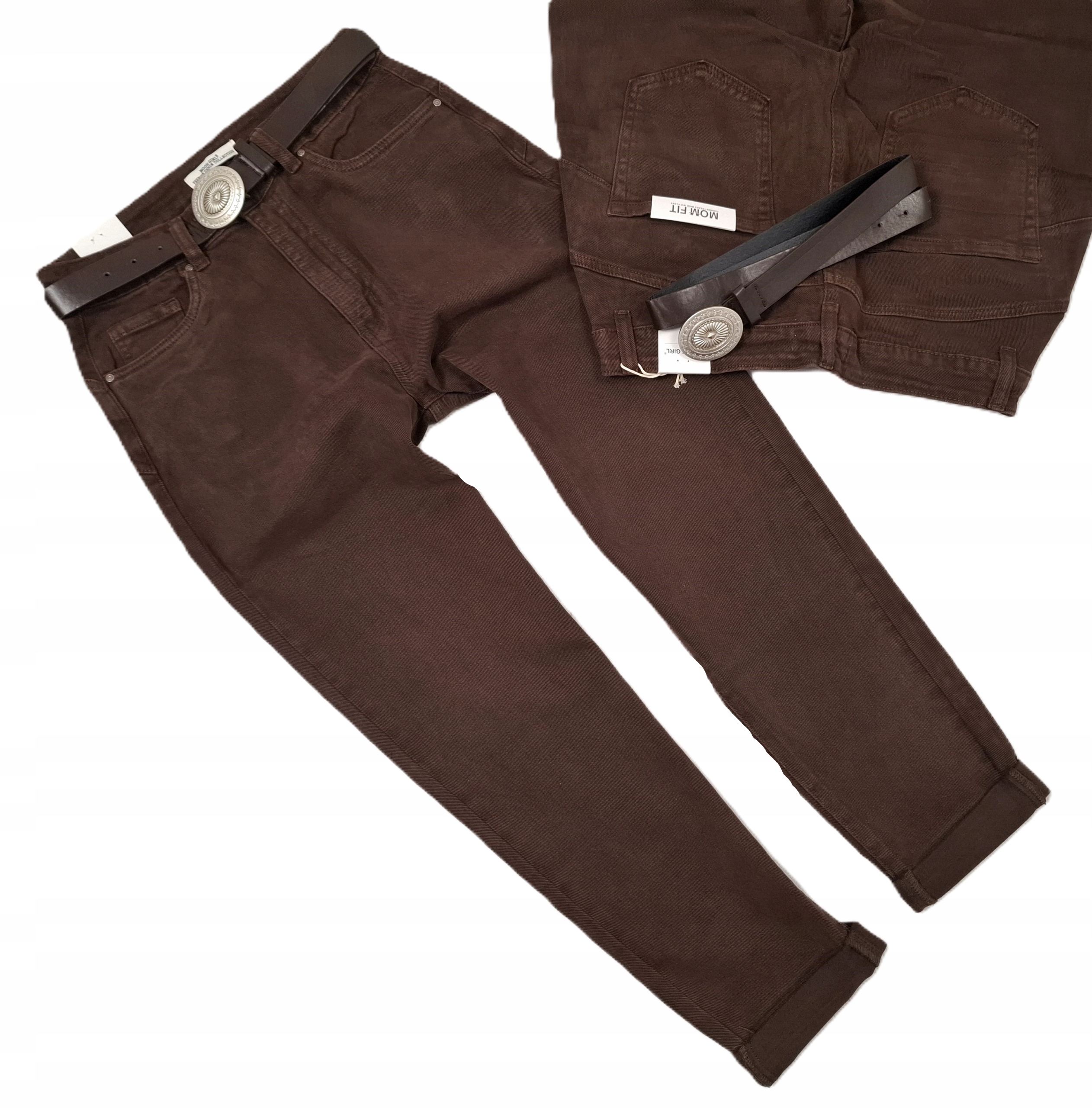 MG16 (S-4XL) Spodnie Damskie Jeansy Mom Fit z Paskiem Czekolada S 36