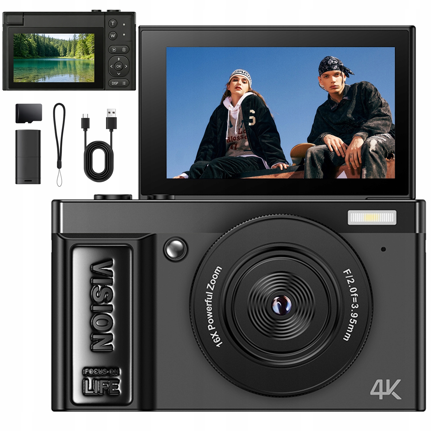 Digitální Fotoaparát S Otočným Displejem 64 Mp Video 4K 16X 180° Webová Kamera