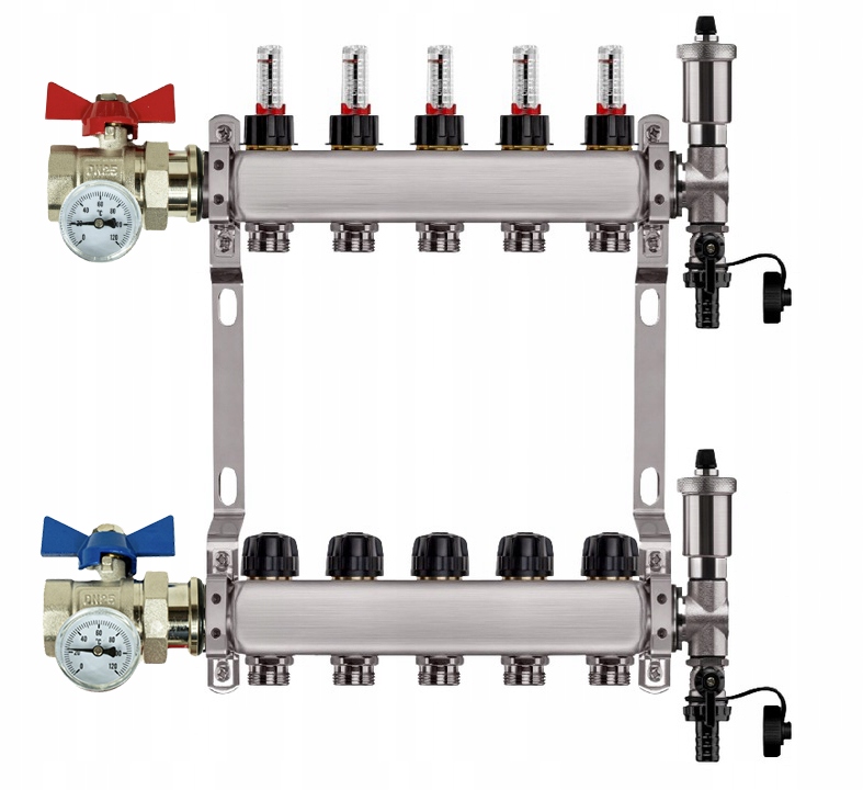 Rozdělovač Pro Podlahovku 5 Okruhů Nerezový Jednoduchý Ventil Teploměr