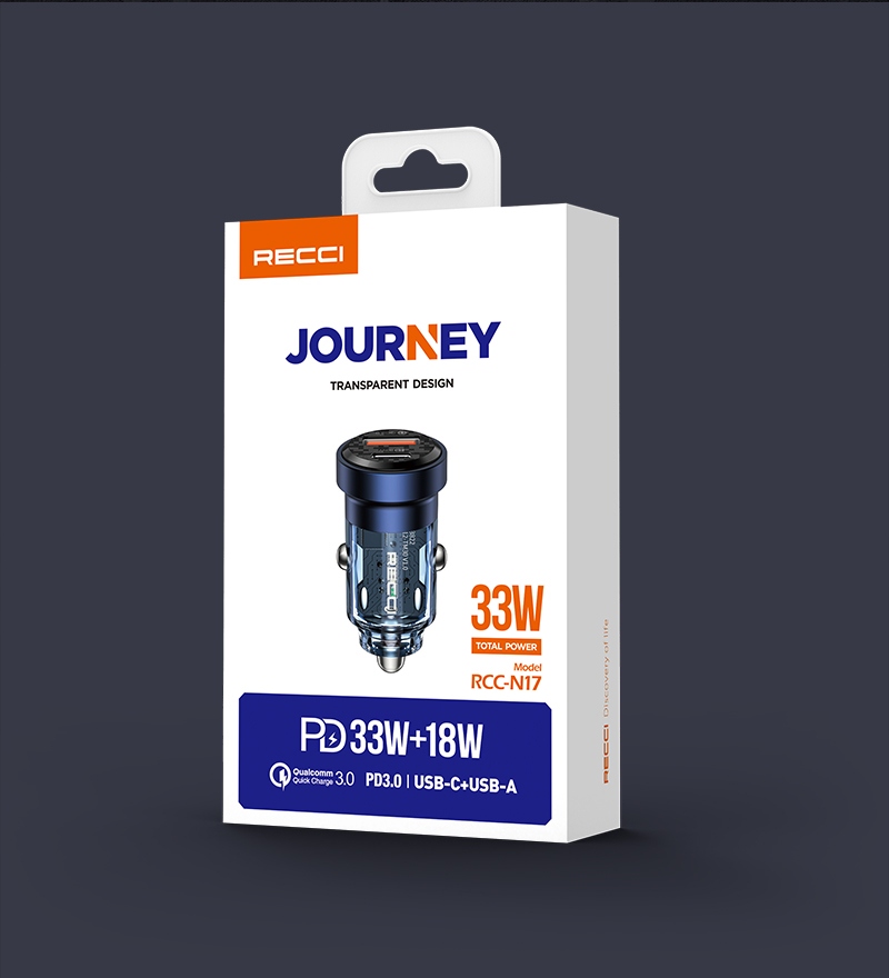 SZYBKA ŁADOWARKA SAMOCHODOWA USB-C TYP C i USB QC PD 3A 33W RECCI Złącza USB typ C USB