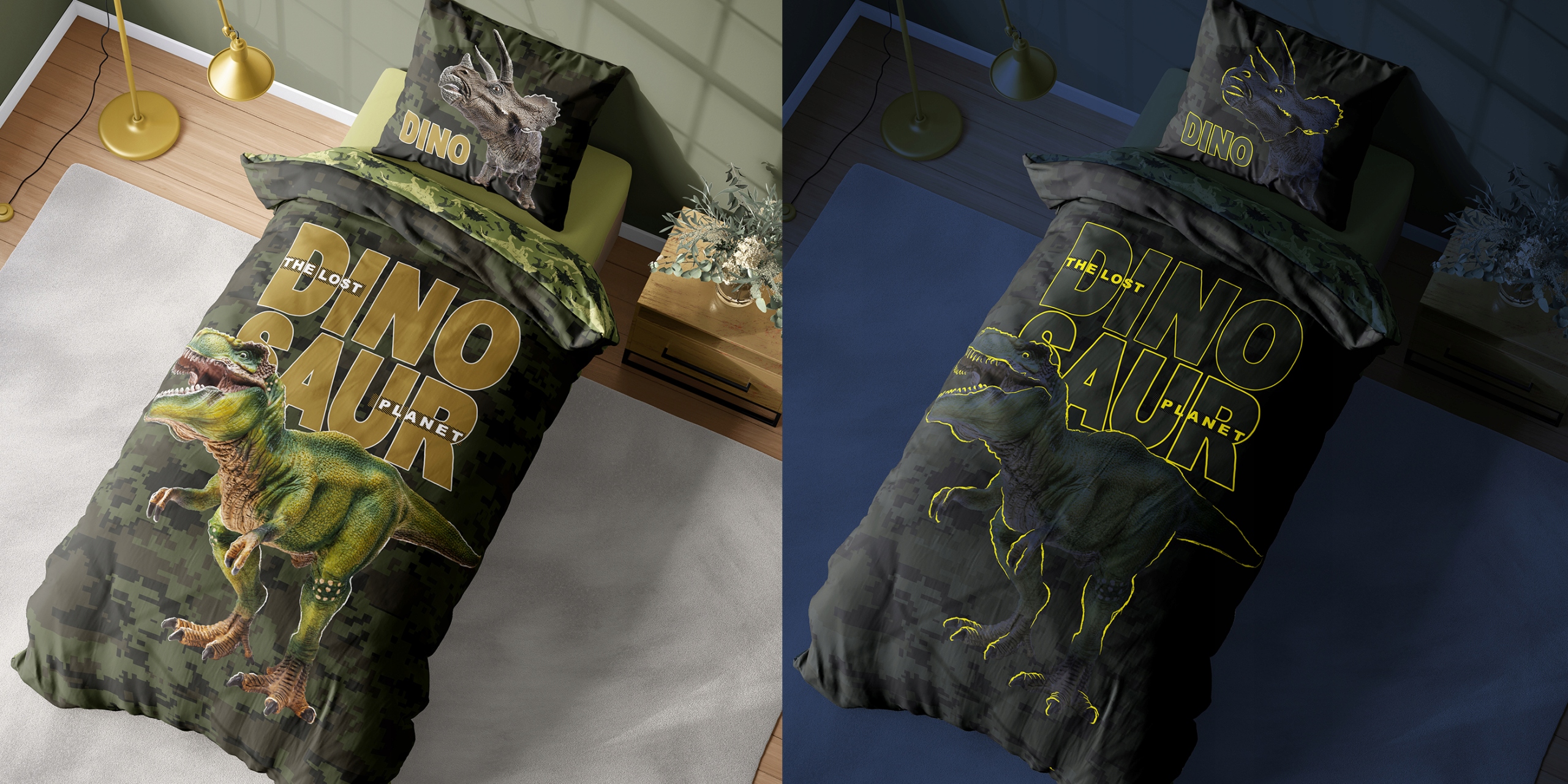 POŚCIEL ŚWIECĄCA 160x200 DINOZAURY T-REX DINOZAUR Długość kołdry 200 cm