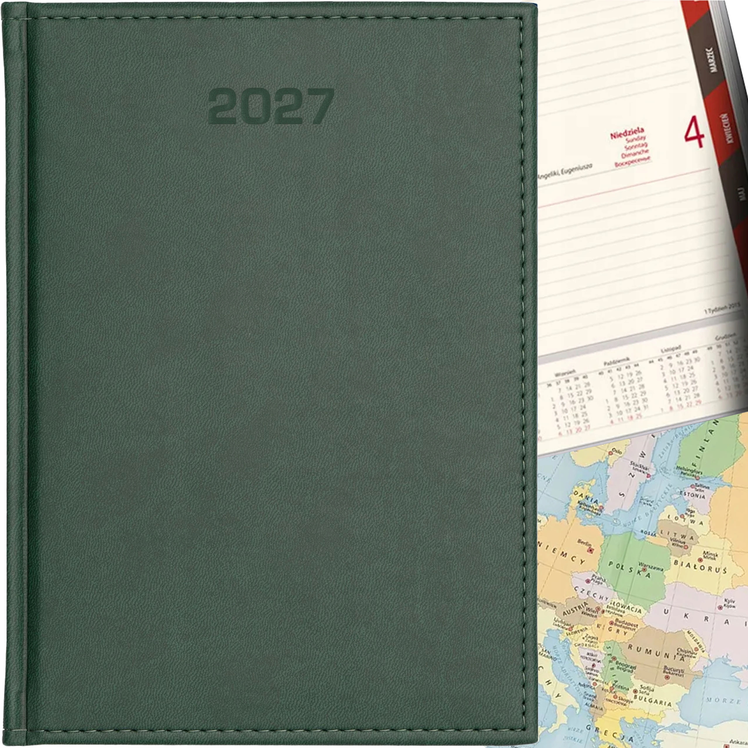 Kalendarz Dzienny A4 Terminarz 2027 Książkowy Notes Planer Mapa Zielony