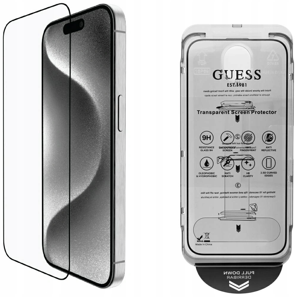 Sada 2v1 Guess sklo na displej a fotoaparát pro iPhone 16 Pro Max stříbrná