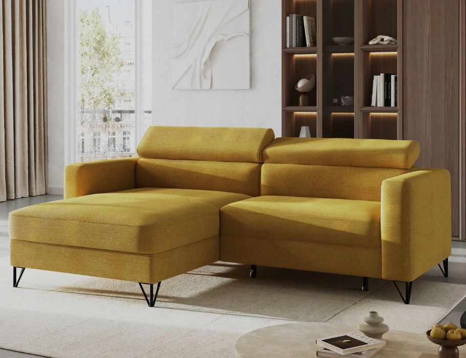Moderní rohová sedací souprava stůl Otino v hořčicové barvě s nádobou na povlečení