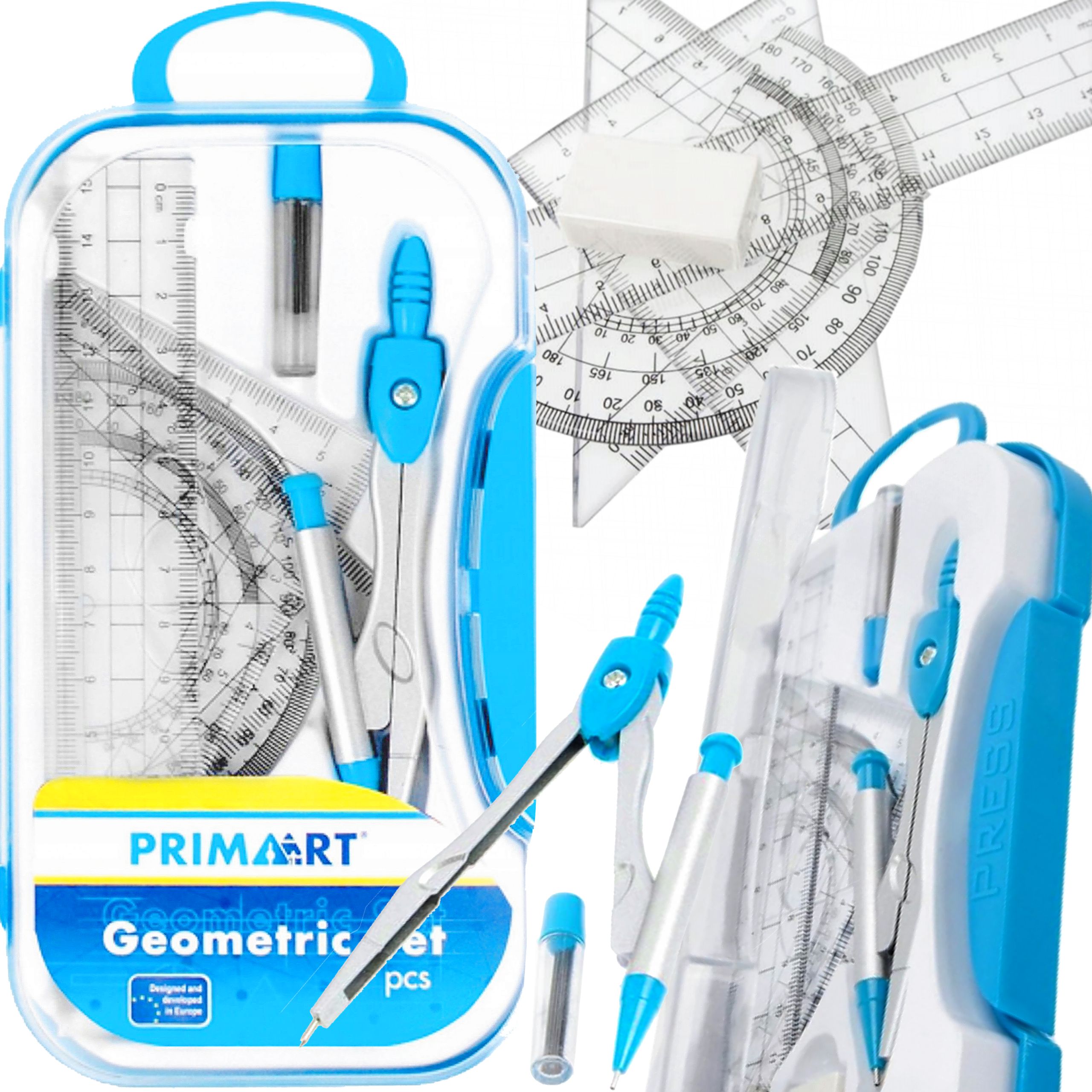 GEOMETRYCZNY ZESTAW SZKOLNY 7 ELEMENTÓW CYRKIEL LINIJKA KĄTOMIERZ 2 EKIERKI