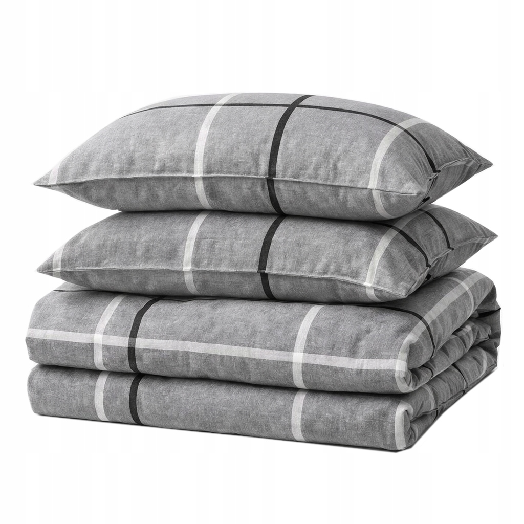 Pościel 200x220 bawełniana naturalna komplet w kratę szara klasyczna modna