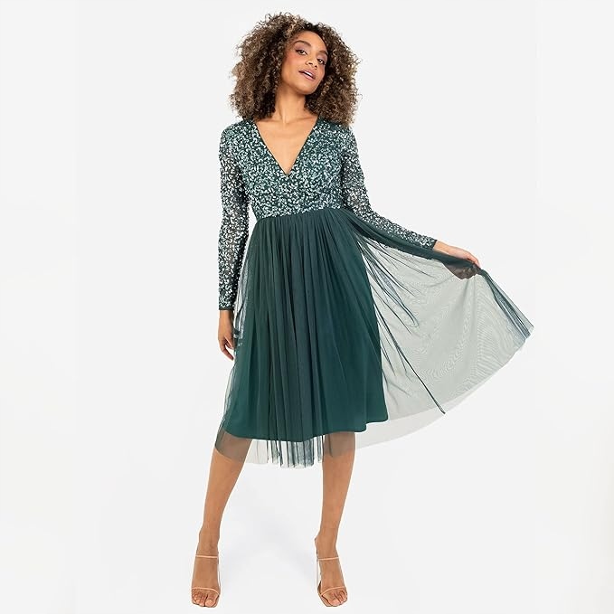 Maya Deluxe Plus Size Šaty MIDI Zelená S Dlouhým Rukávem 46 6FA