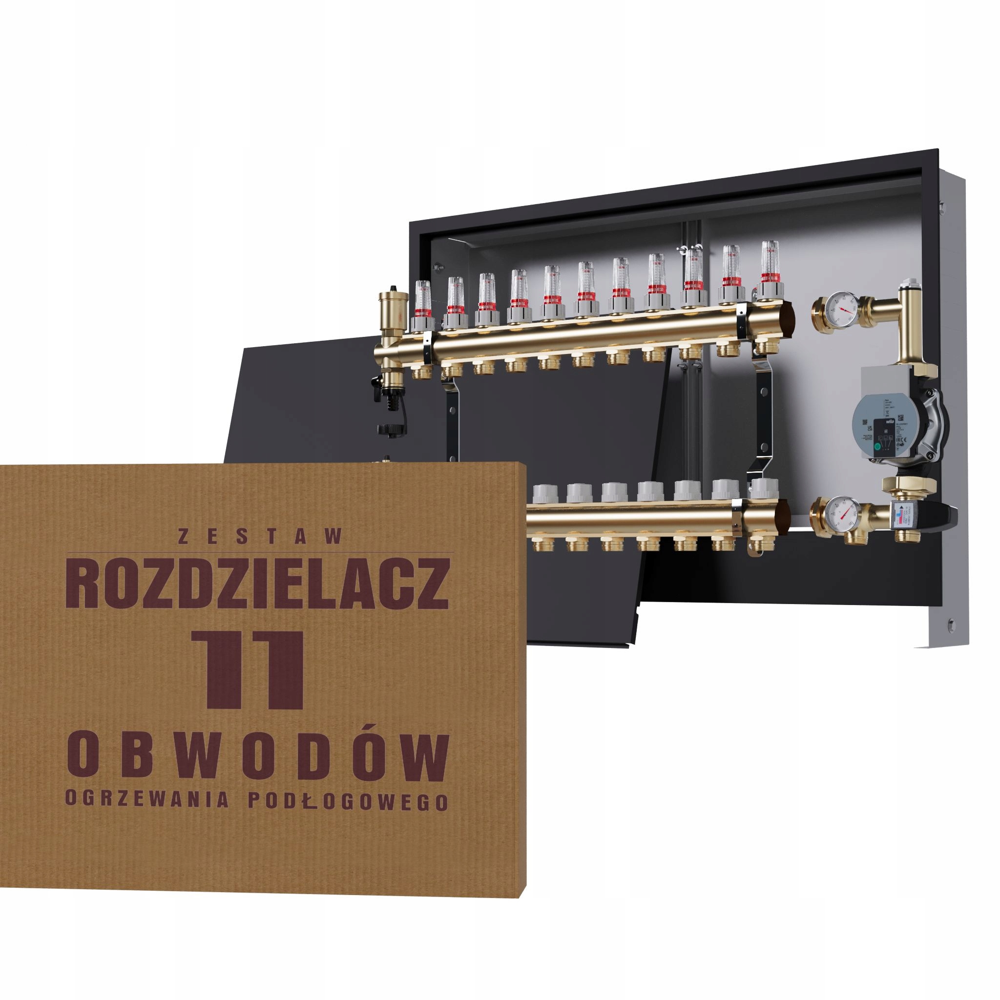 Rozdělovač pro podlahu 11 okruhů se skupinou Wilo, podomítkový box, černý