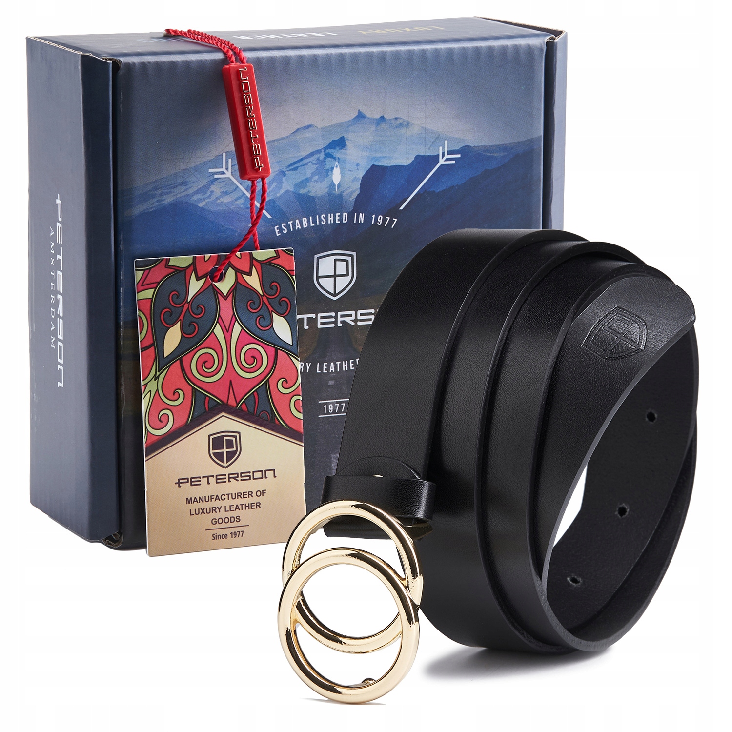 

Peterson czarny pasek damski skórzany klamra koła