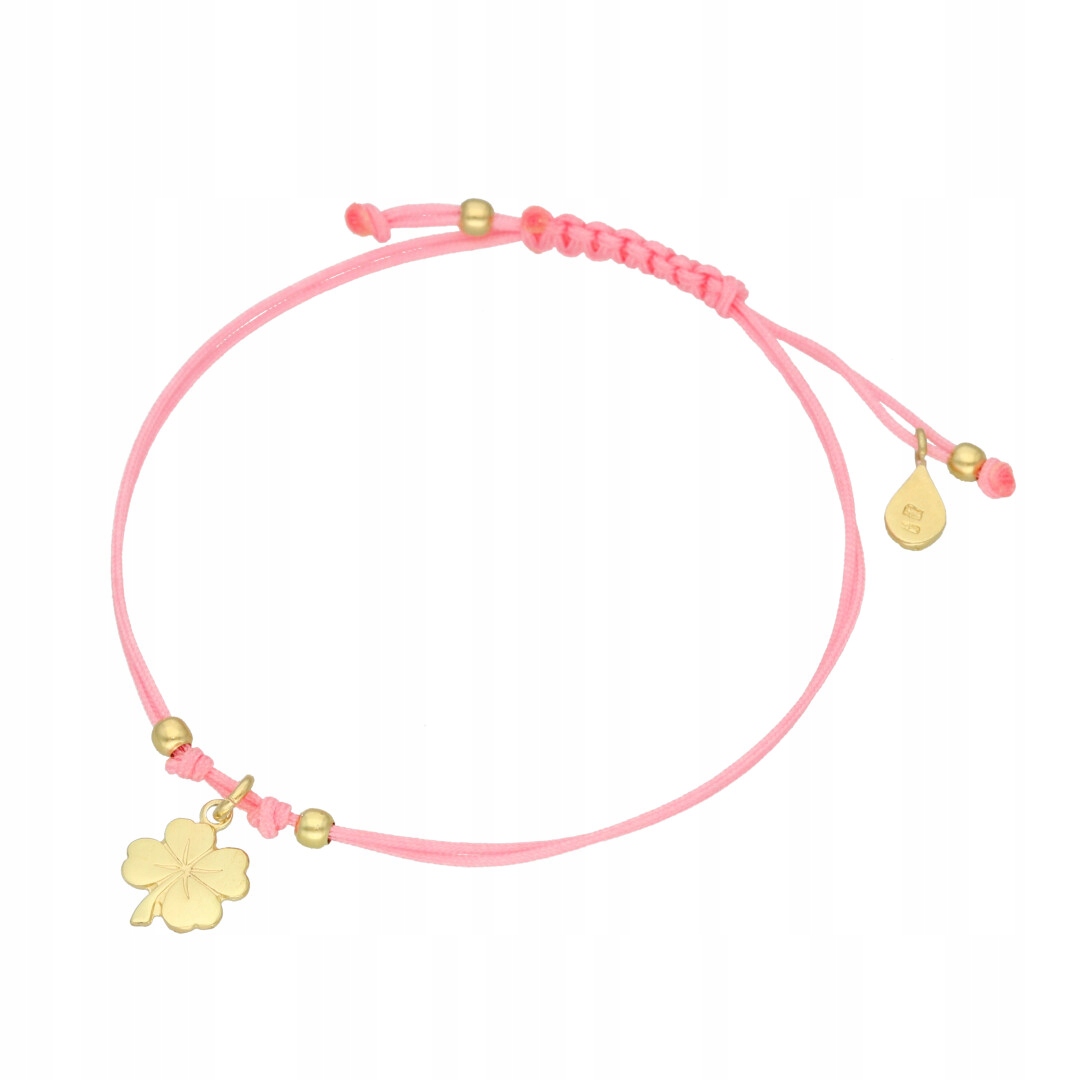 Provázkový náramek čtyřlístek růžový, pozlacený