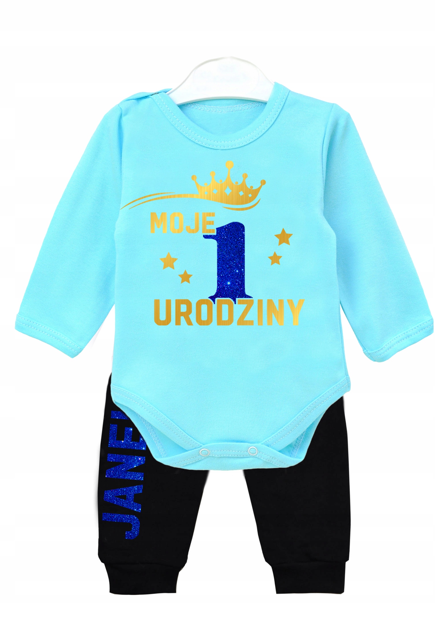 Komplet urodziny Moje 1 Urodziny Brokat Imię r.74 Rozmiar 74