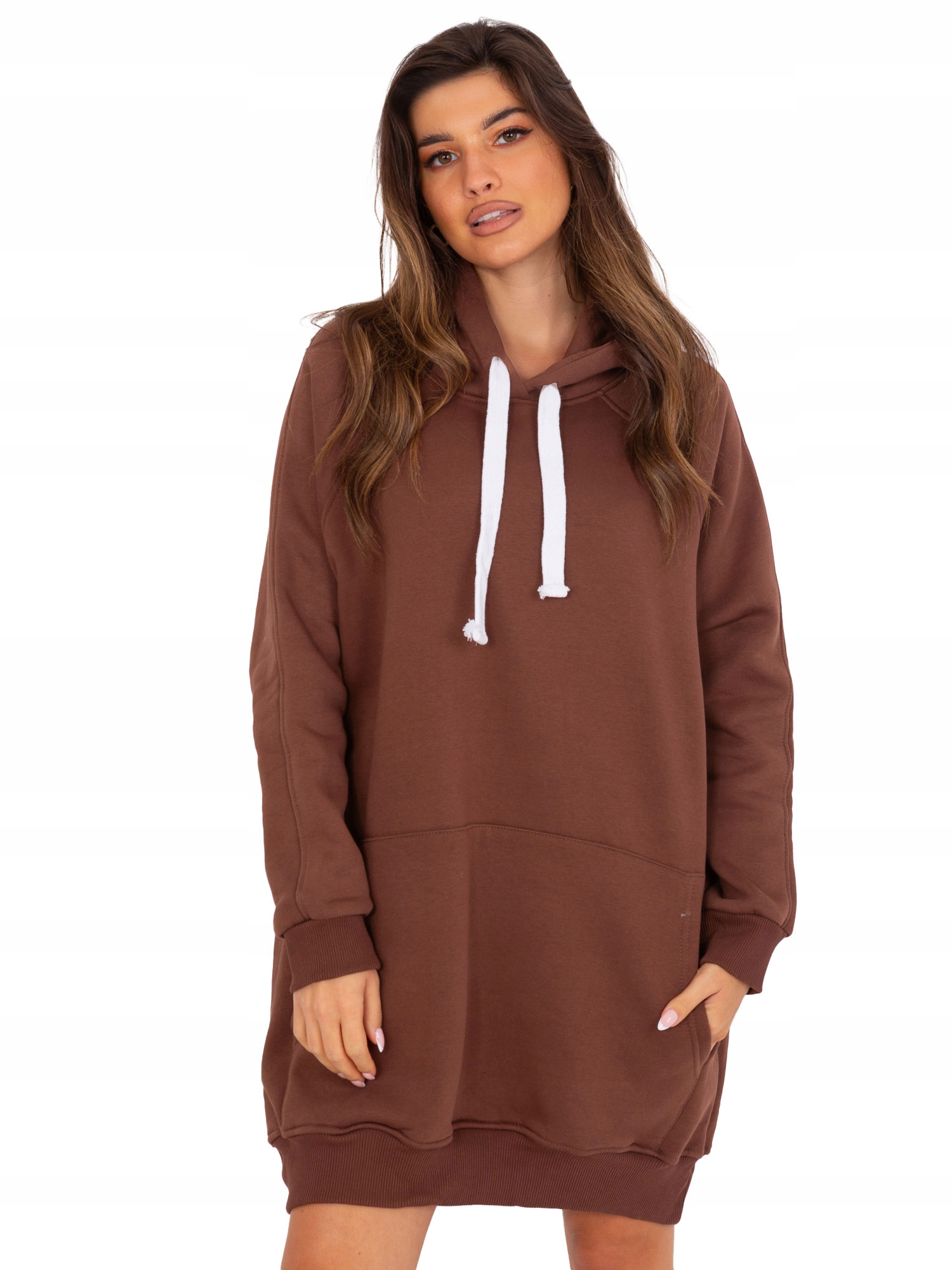 Długa Modna Ocieplana Bluza Damska Kangurka z Kapturem