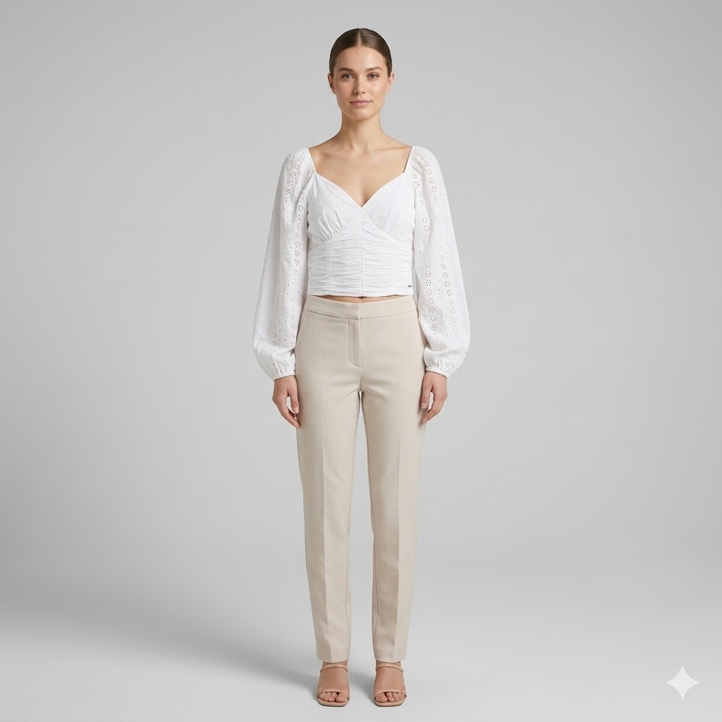 Guess Bílá Bavlněná Halenka S Ažurovým Rukávem A Volánky XL Gga