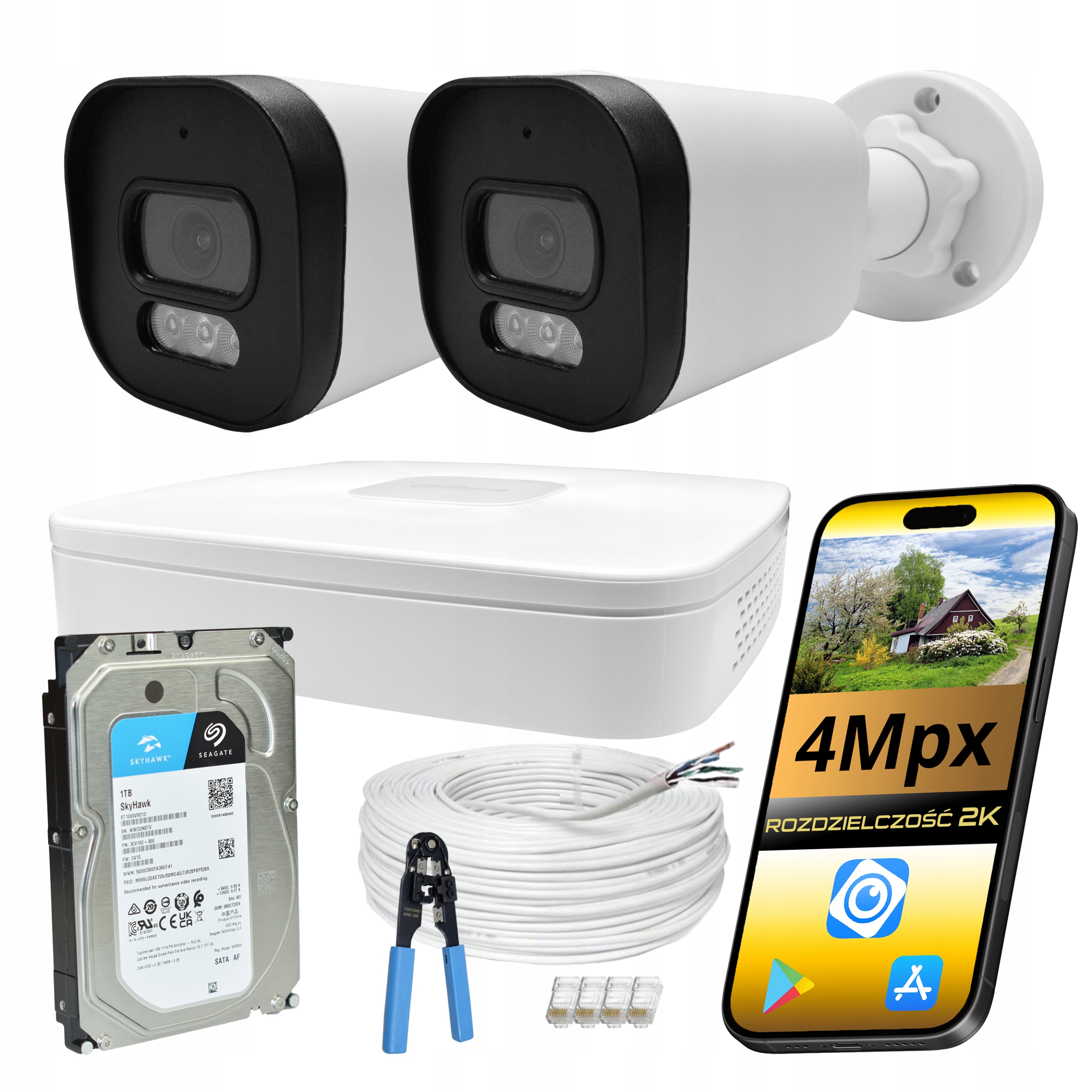 Sada Pro Monitorování Dahua 2 Kamery Ip Trubice PoE 4Mpx Dual Light Disk 1TB