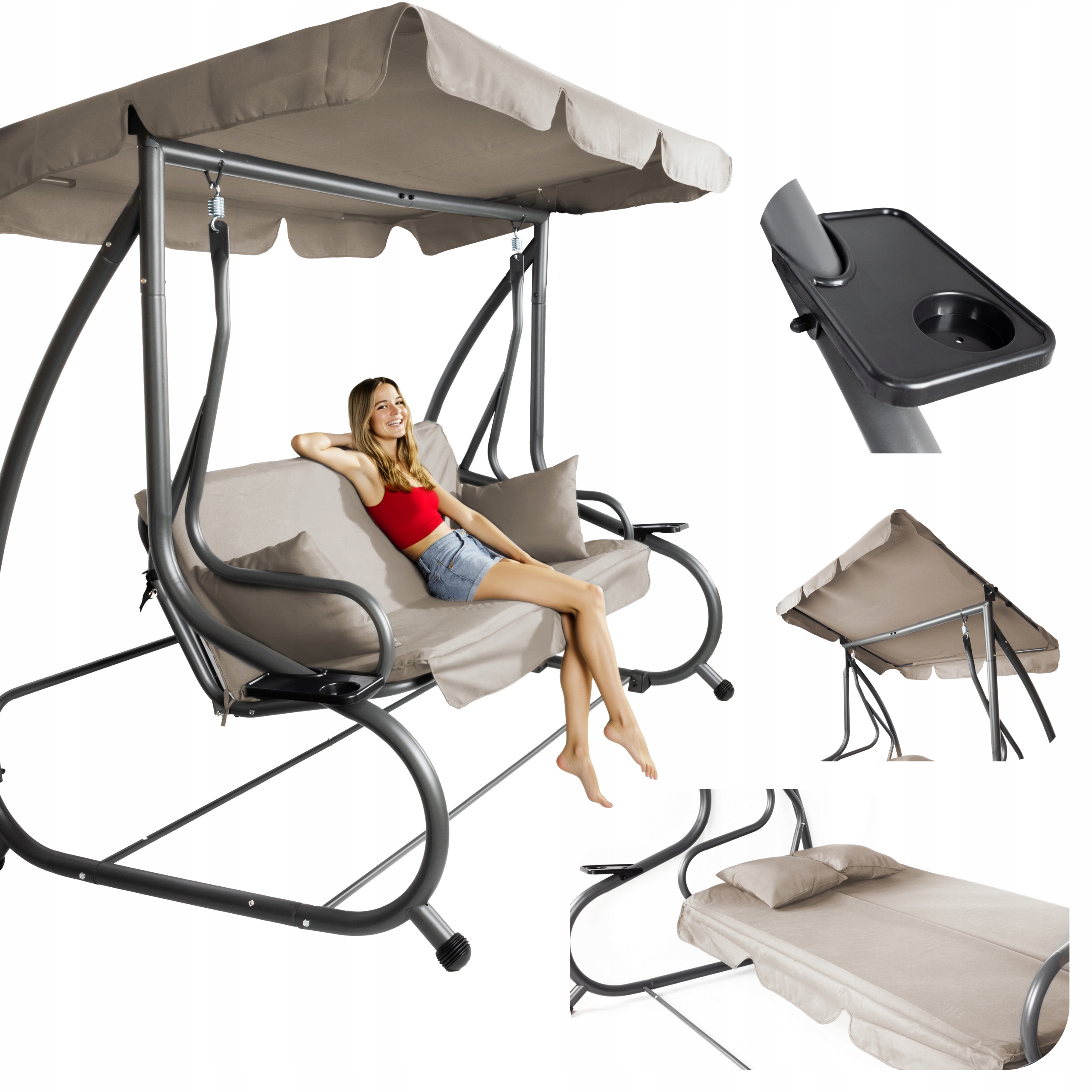 Huśtawka Ogrodowa Rozkładana 2w1 Wolnostojąca Z Daszkiem Stalowa Beżowa