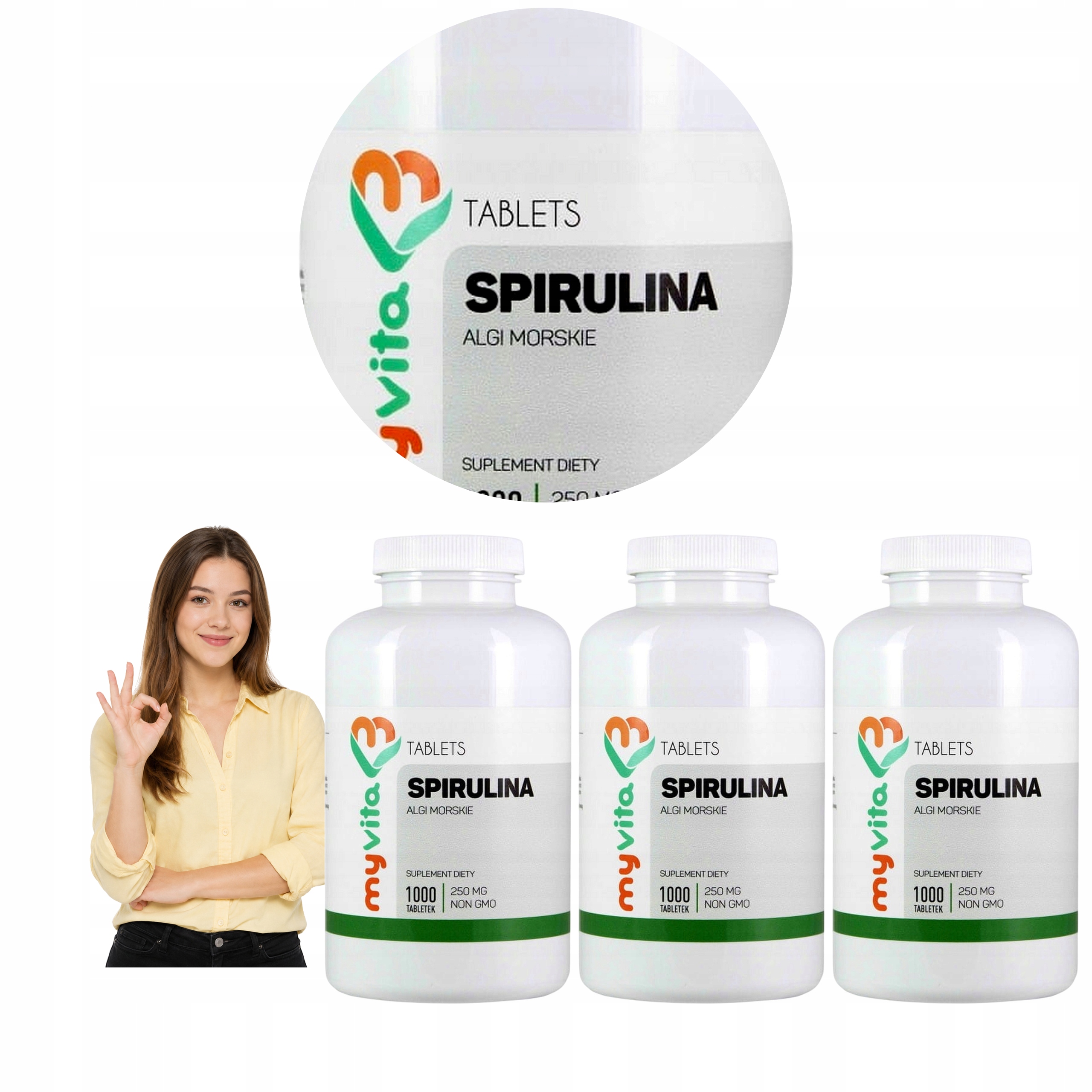 3x Myvita Spirulina Bio 250 mg Arthrospira Platensis Ekologiczna 1000 tab.