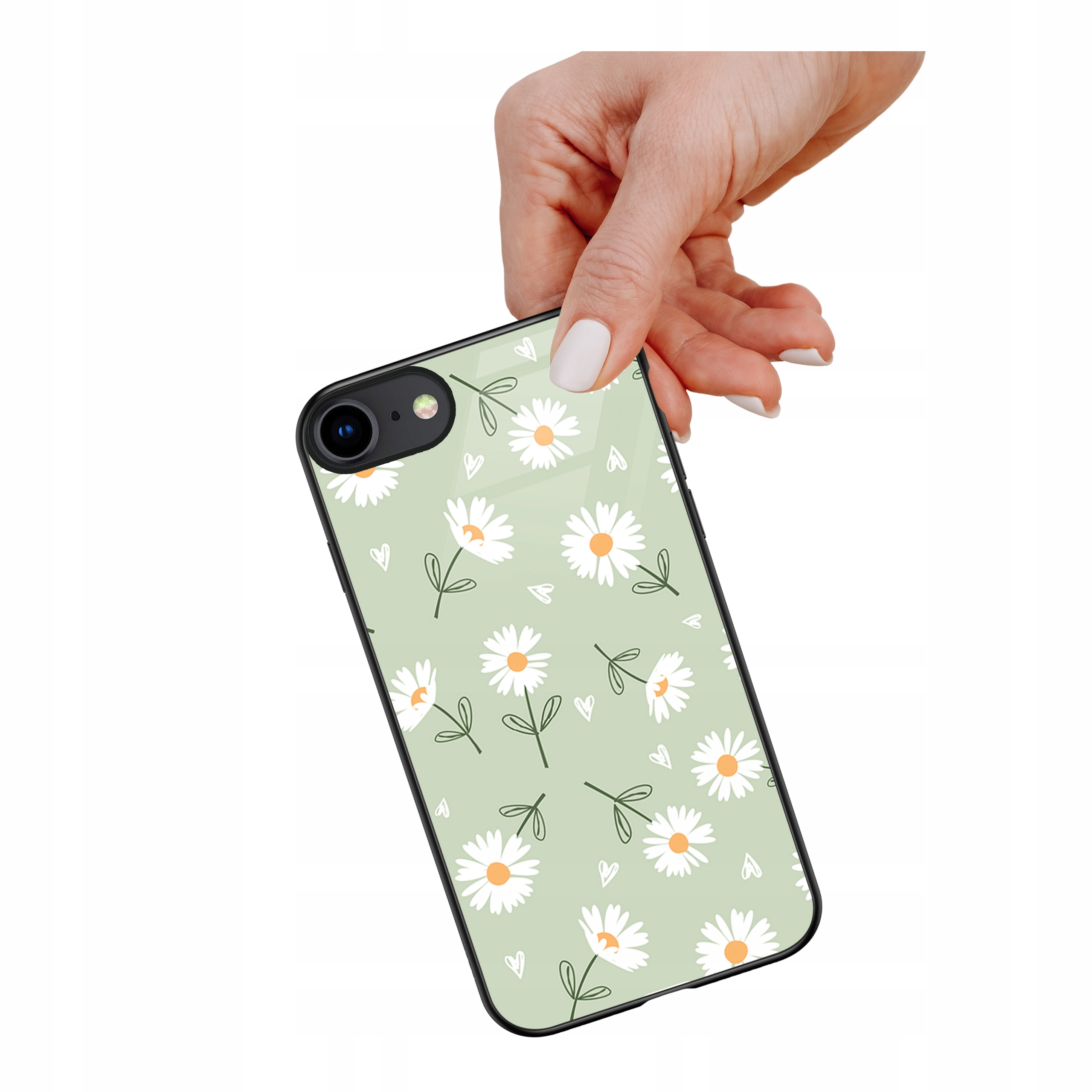 Etui szklane ceramiczne do iPhone 16e Stokrotki pistacja