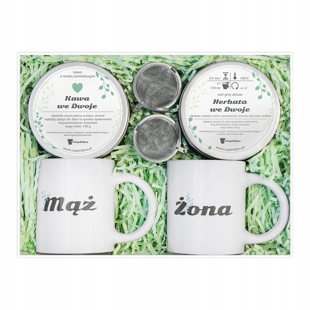 Box upominkowy dla Pary Młodej kawa herbata kubki zaparzacze