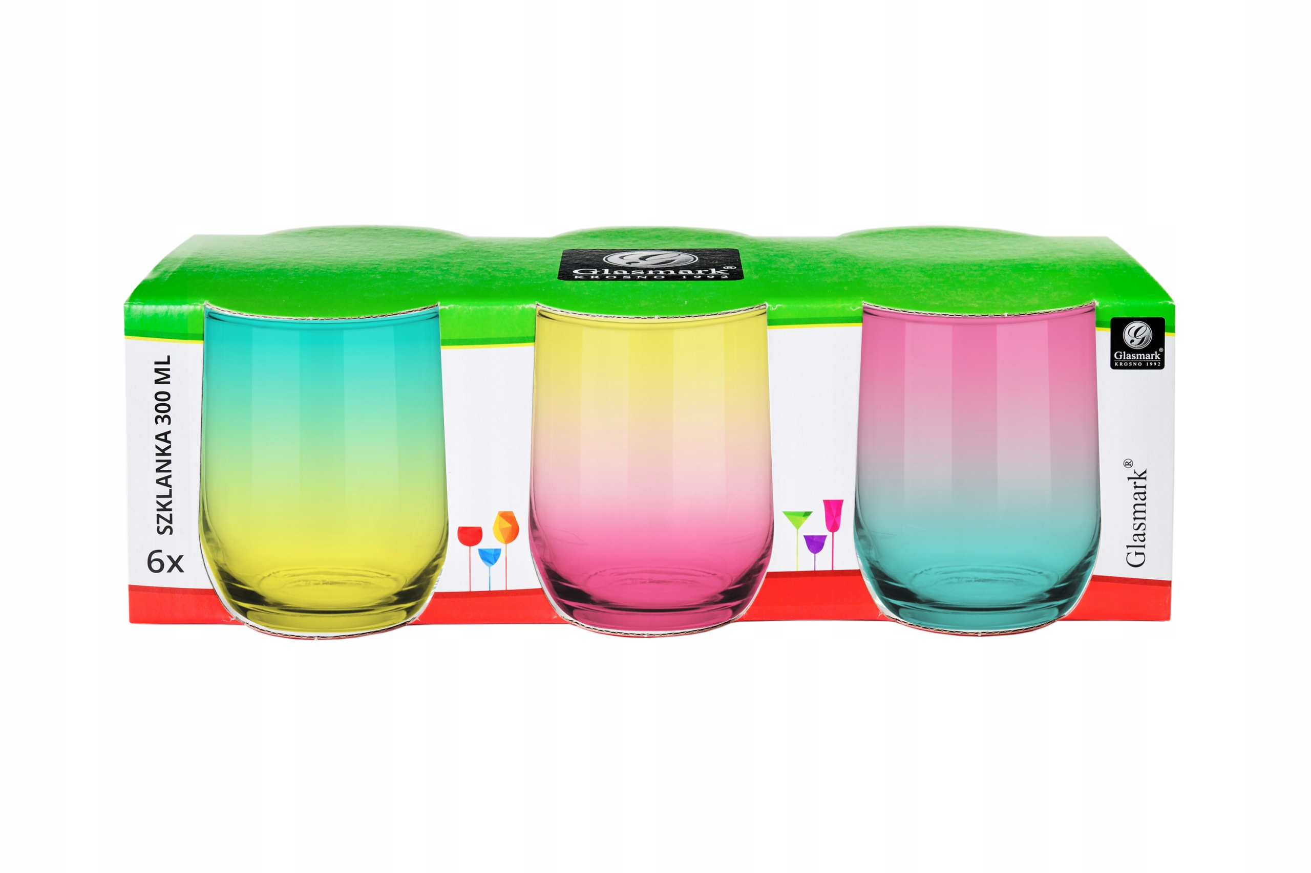 KPL 6 SZKLANEK KOLOROWYCH 300 ml, DRINKI, SOKI Kolor wielokolorowy