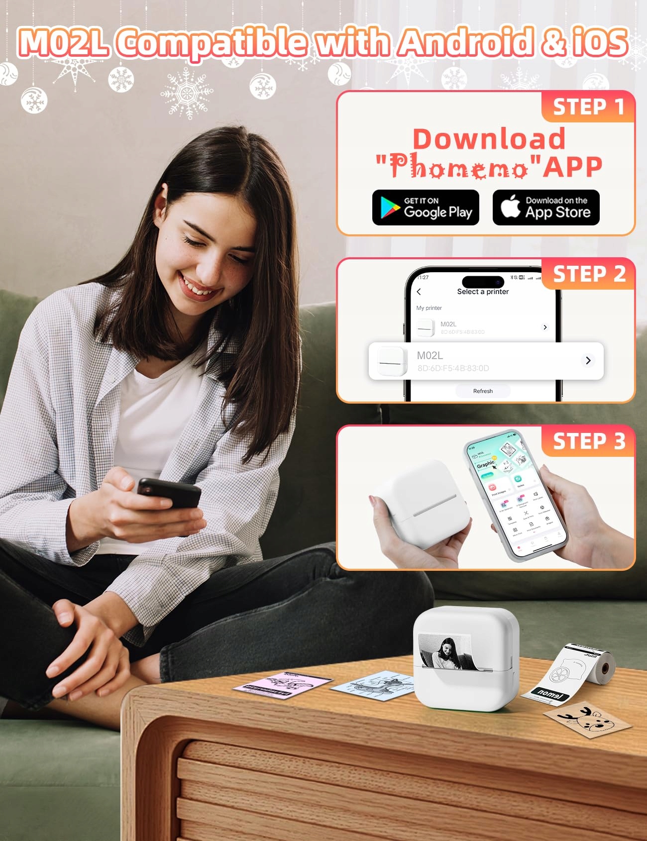 MEMOKING Mini Drukarka Bluetooth Do Telefonu Drukarka Termiczna Zdjęć — miniatura 4