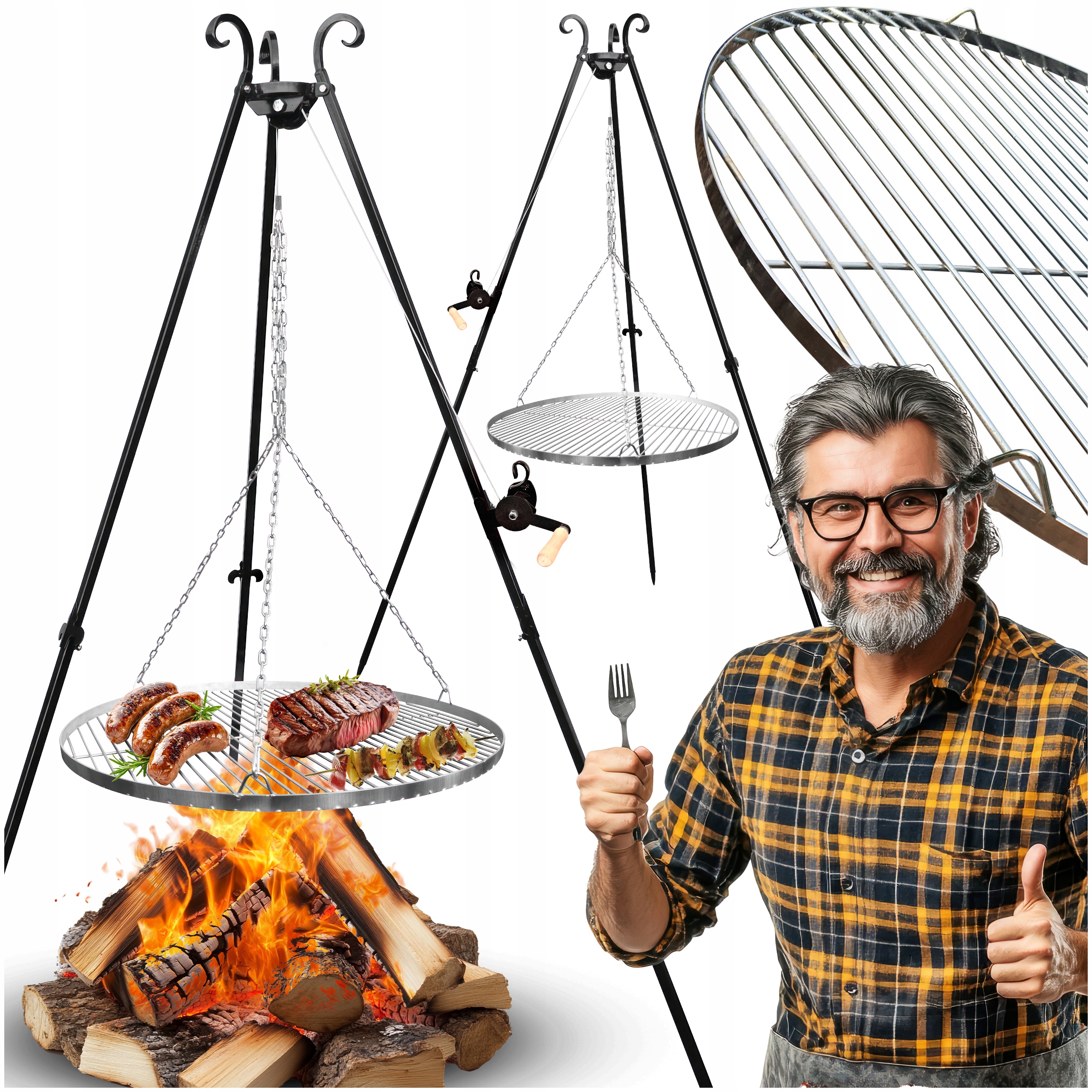 Grill Trójnóg Palenisko Ogrodowe Ogrodowy Ruszt Nierdzewny Kołowrotek 60 cm