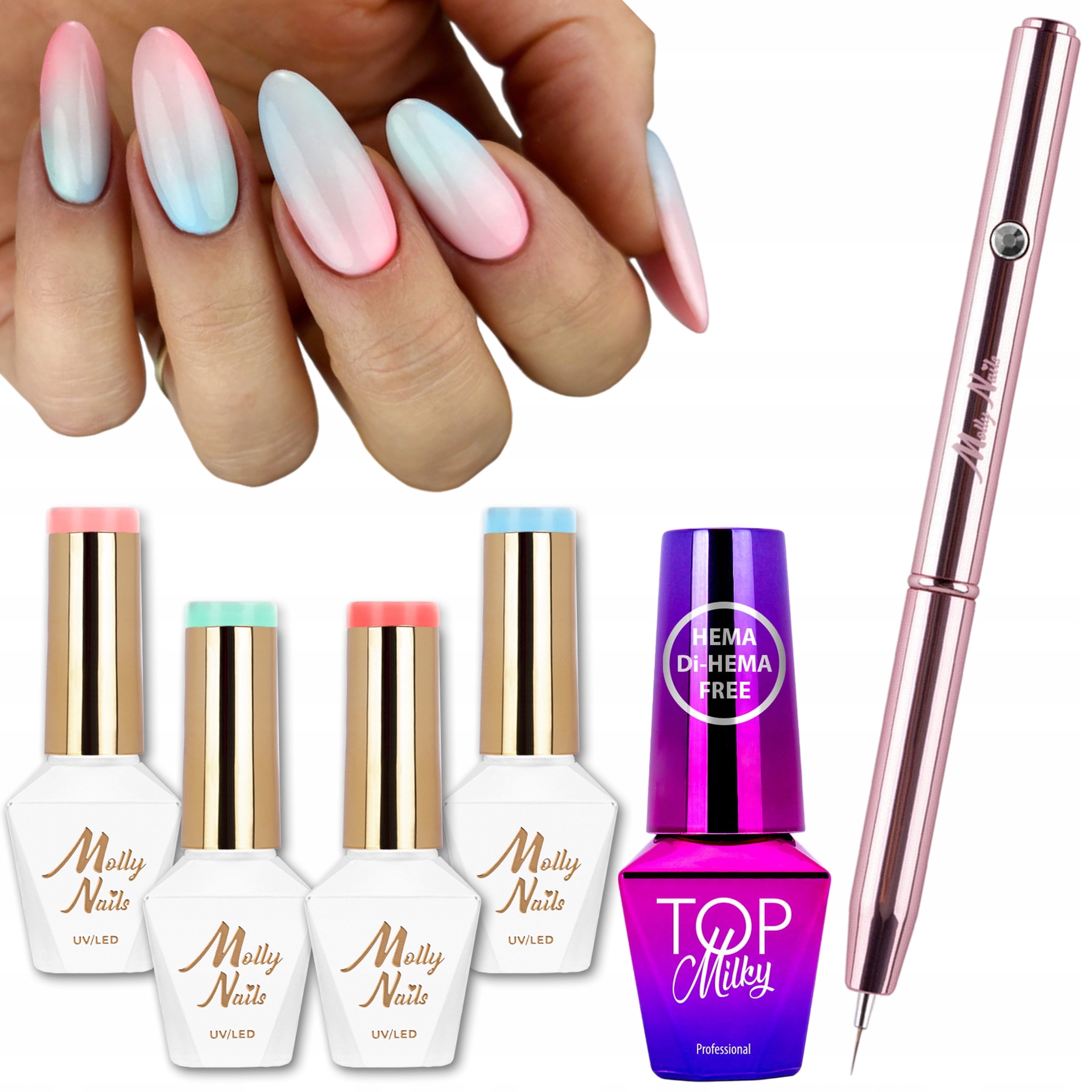 Zestaw Do Paznokci 6w1 Wiosenny Lakier Hybrydowy Pastelowy Top Pędzelek