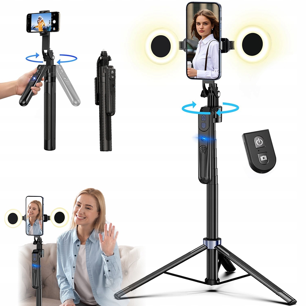 Statyw Do Telefonu Obrotowy 360 Z Lampami I Pilotem