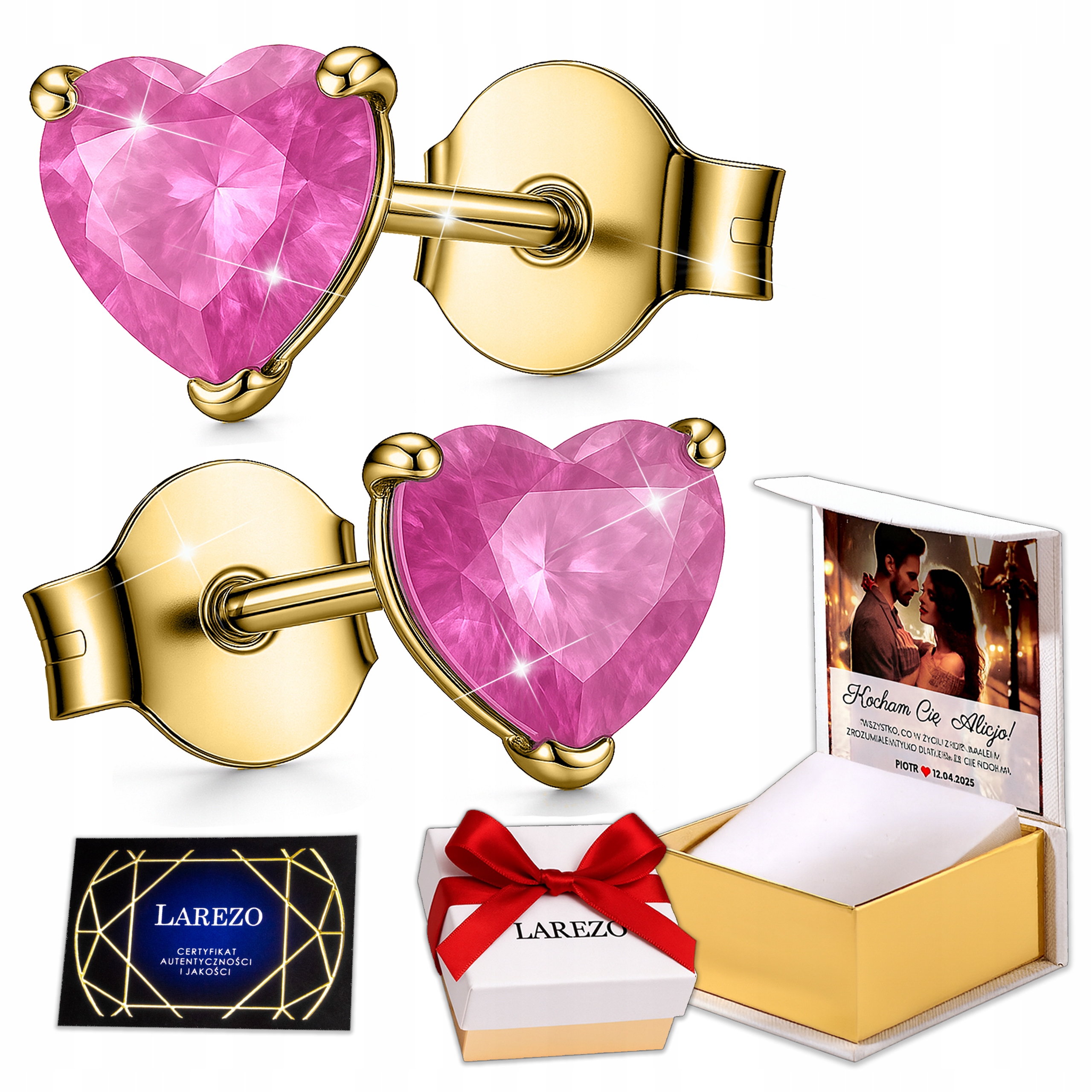 Zlaté Náušnice 925 Růžové Křišťálové Srdíčka s potiskem zirkonů