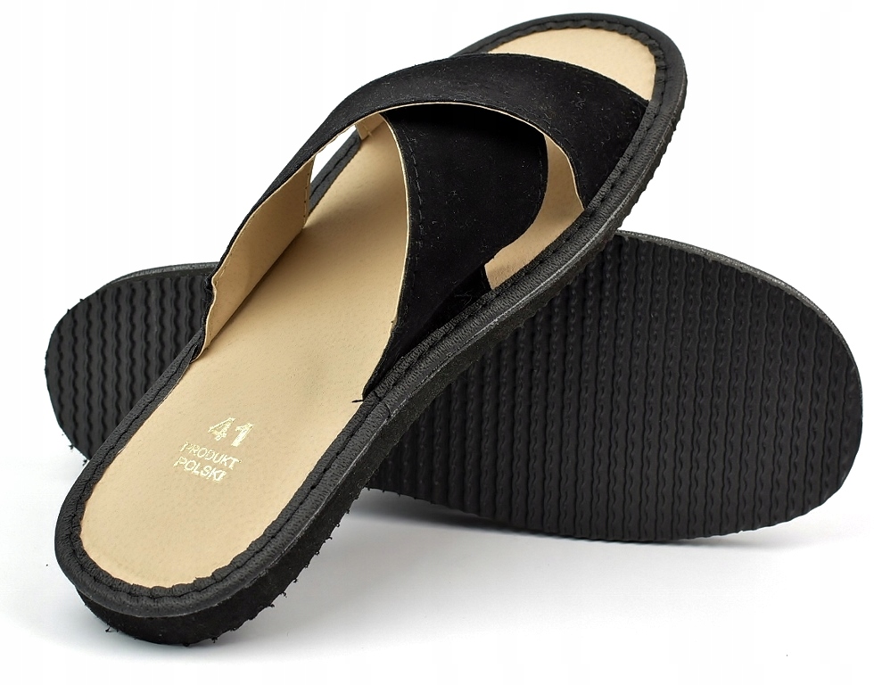 KAPCIE PANTOFLE KLAPKI DOMOWE DAMSKIE CIAPY r. 38 - 24,5 cm Kod producenta POLSKIE SKÓRZANE KAPCIE Paski Black
