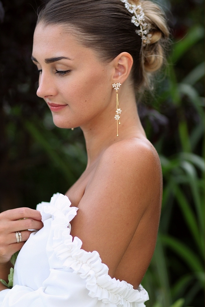 KOLCZYKI KWIATKI KWIATY DŁUGIE 9,5 CM ZŁOTE ŚLUBNE Kolekcja SUBTELLE