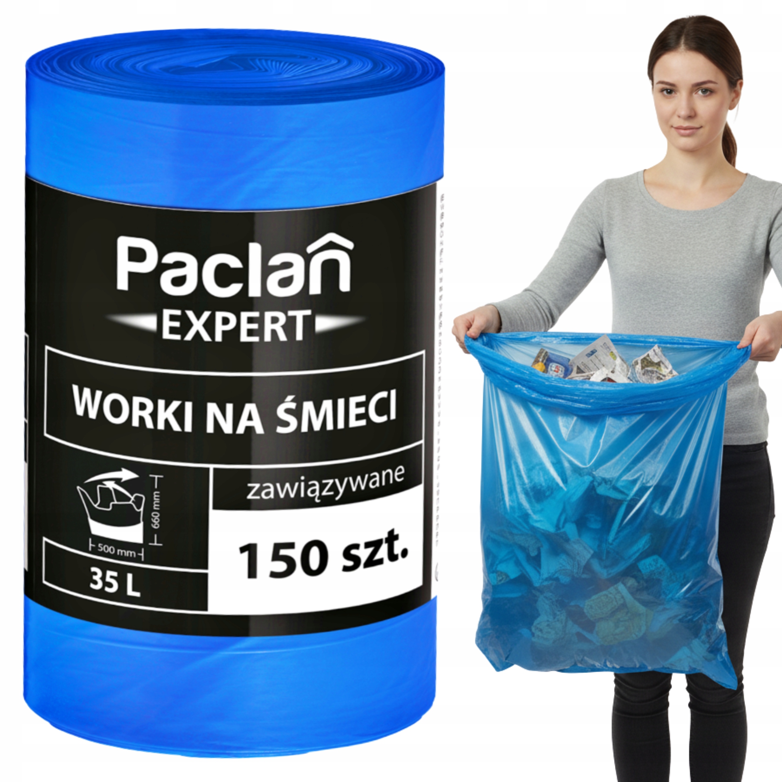 Worki na Śmieci 35l 150 szt Paclan Expert Zawiązywane Mocne Nie Pękające