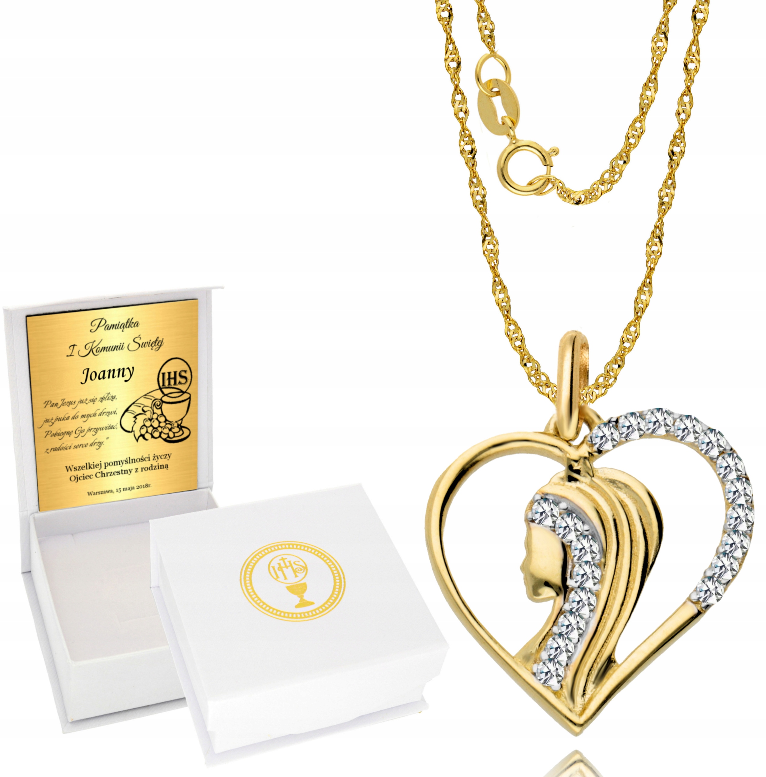 Złoty łańcuszek 585 Medalik Chrzest Komunia Grawer