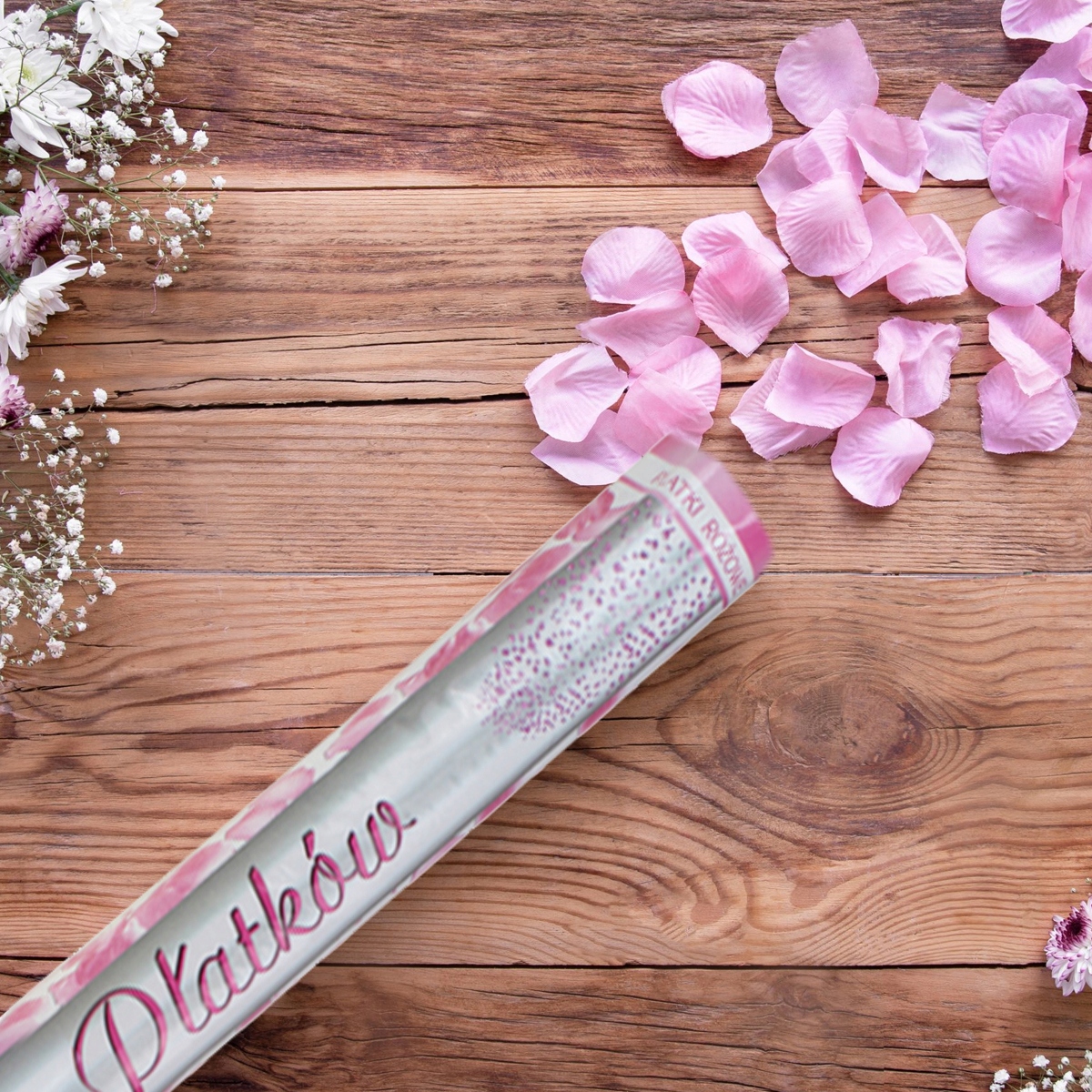 KONFETTI WYRZUTNIA PŁATKÓW RÓŻ TUBA STRZELAJĄCA NA ŚLUB WESELE 80 m RÓŻOWE Wzór płatki róż