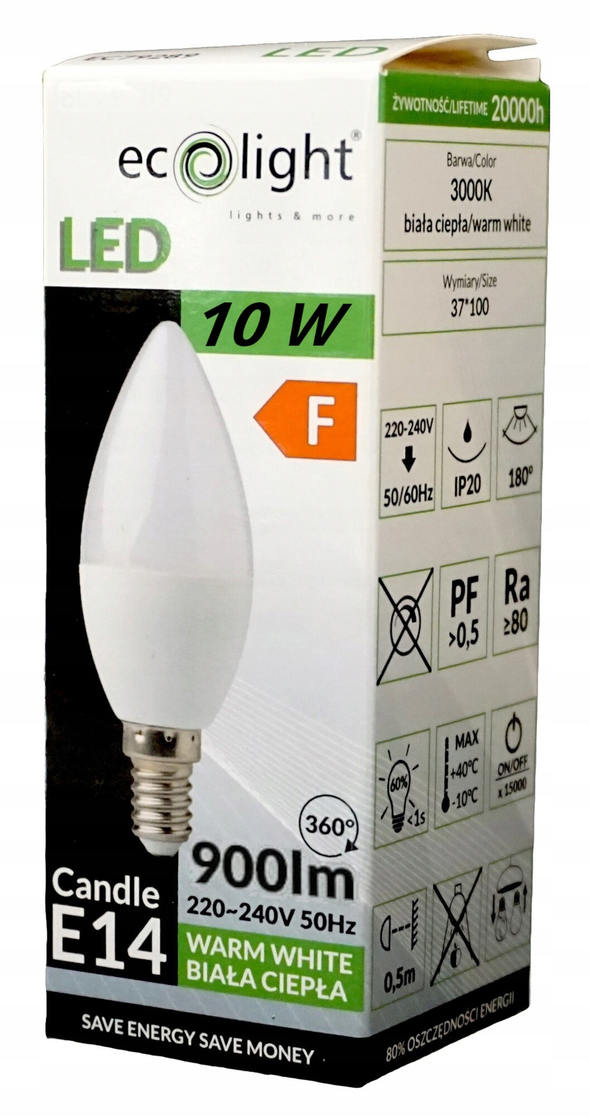 ŻARÓWKA LED E14 ŚWIECZKA 10W 3000K ECO LIGHT CANDLE BARWA BIAŁA CIEPŁA