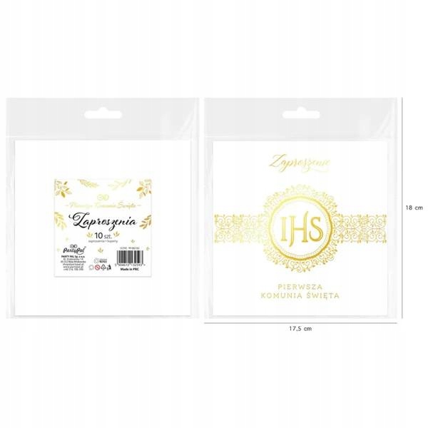 ZAPROSZENIE NA KOMUNIĘ IHS ZŁOTE 14X14 CM 1 SZT Kształt kwadratowy